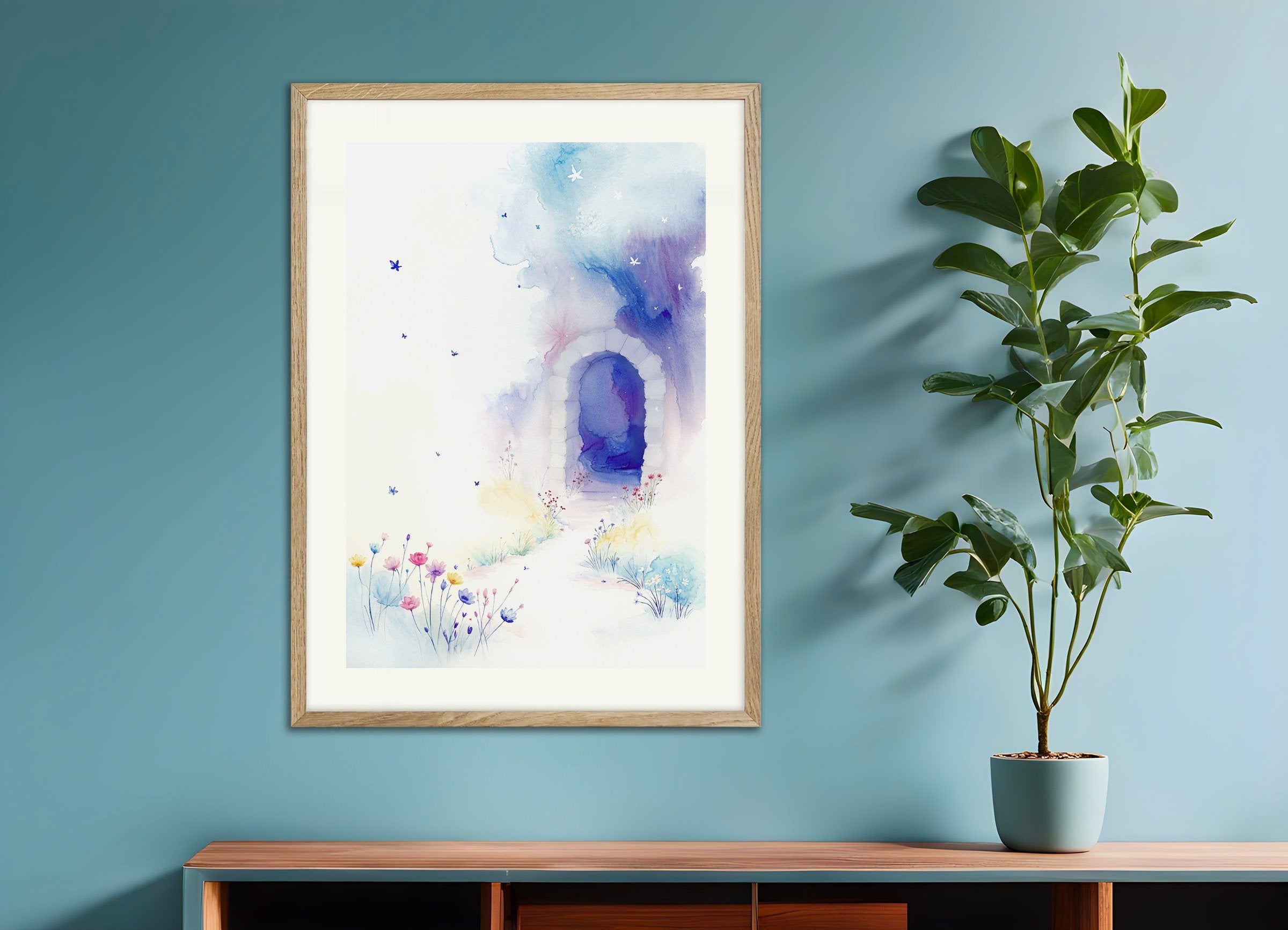 Poster of Child's watercolor, the door of dreams, with natural wooden frame