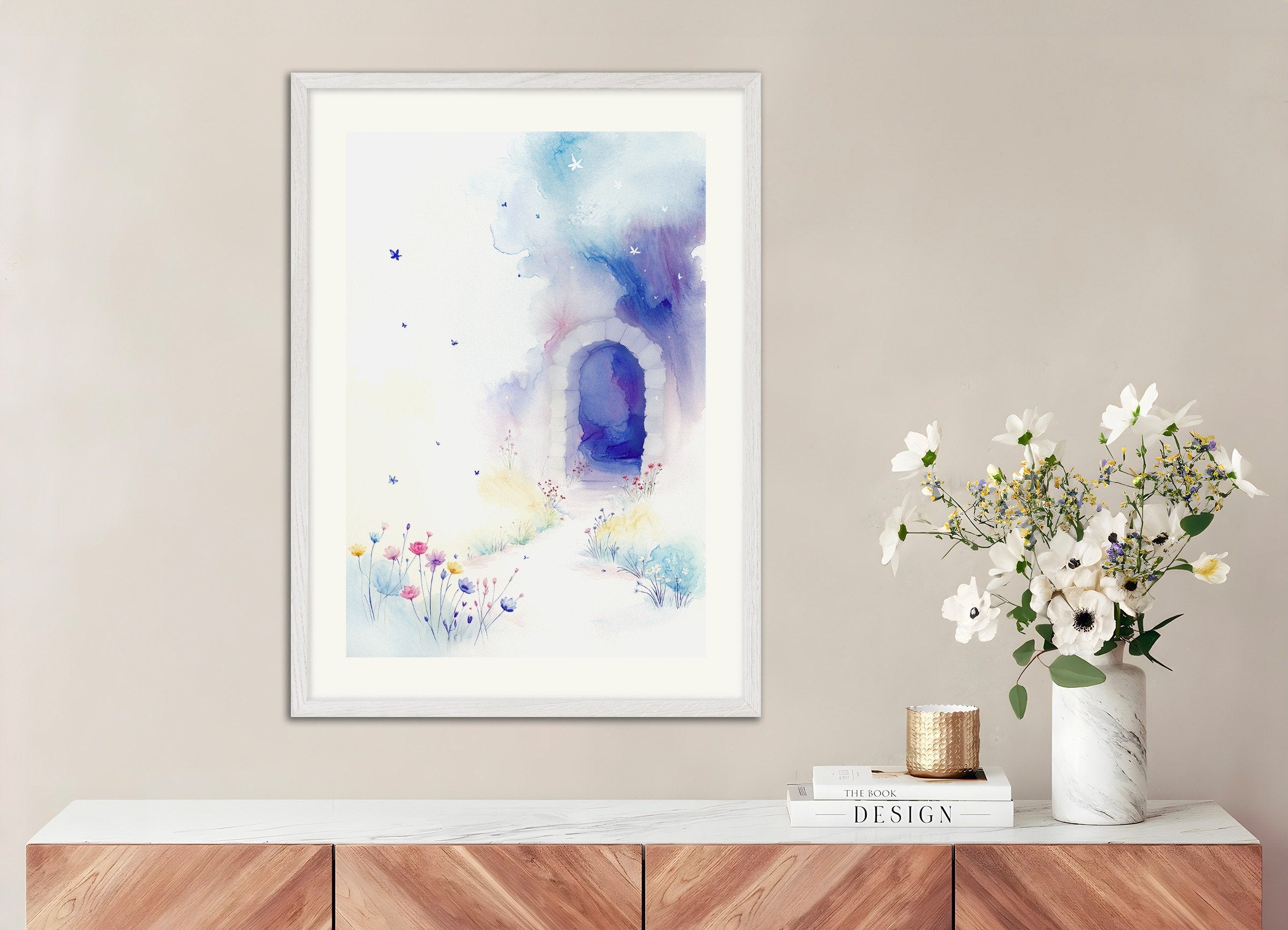 Poster of Child's watercolor, the door of dreams, with white wooden frame