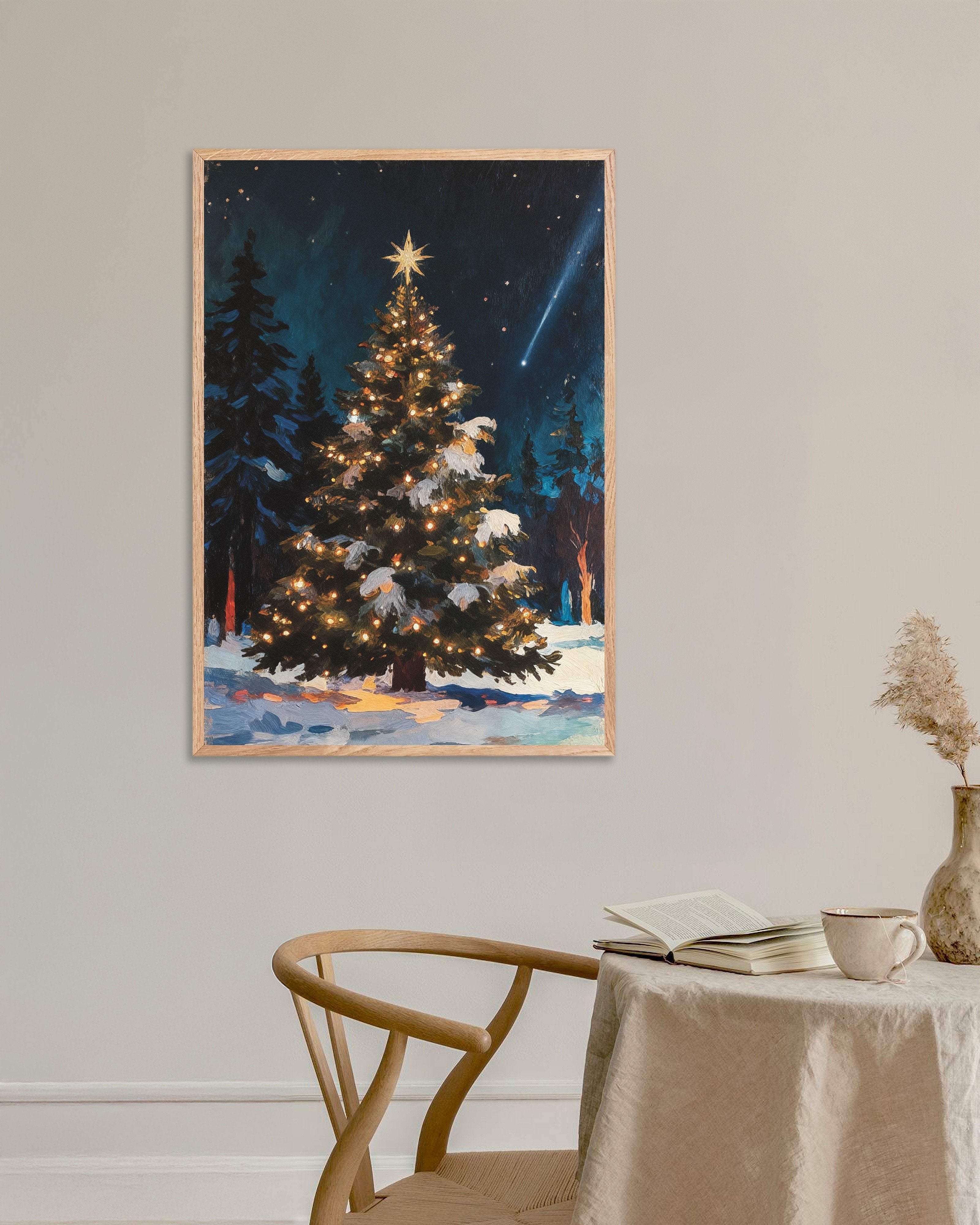 Poster of Christmas tree in the forest wall art print, with natural wooden frame