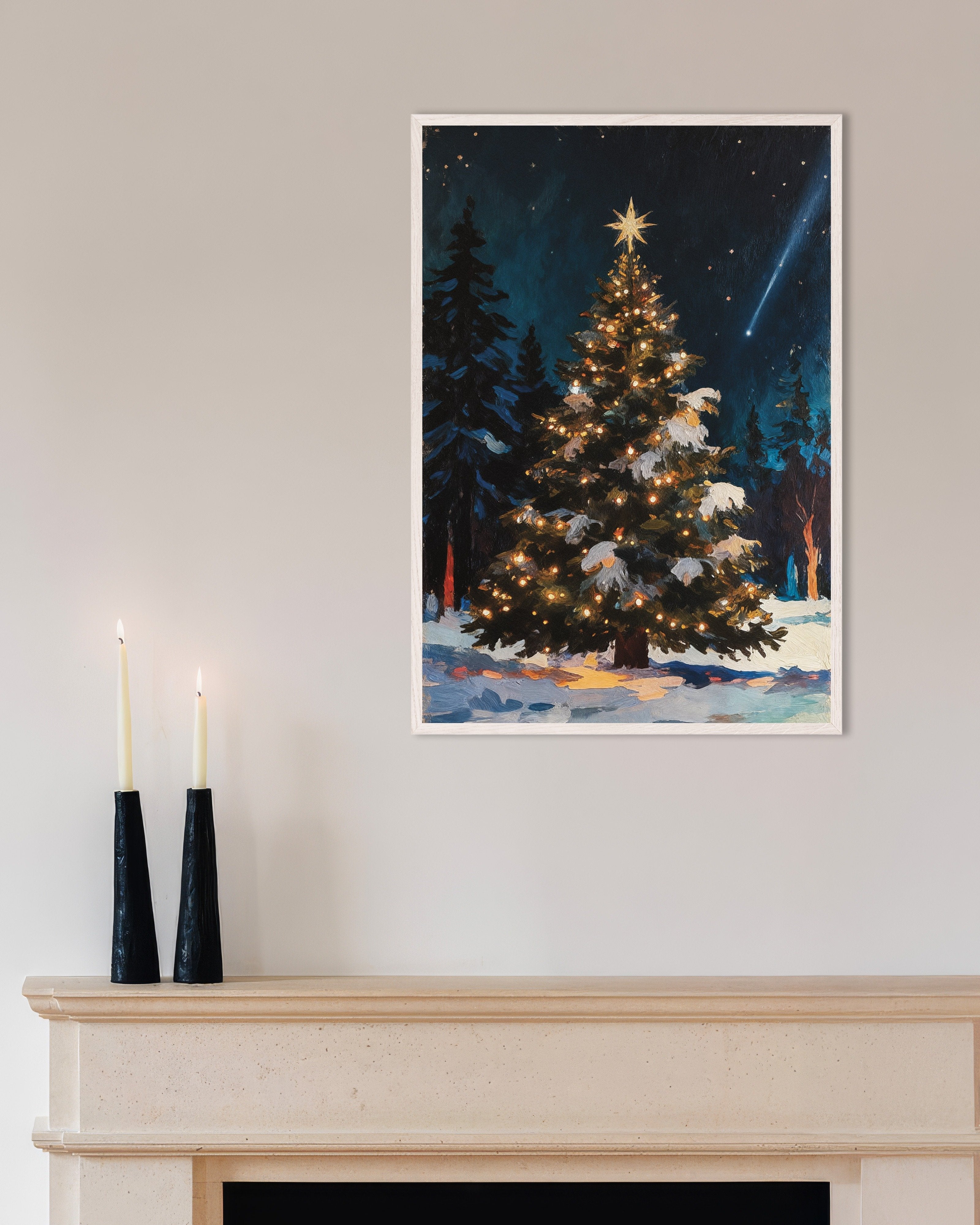 Poster of Christmas tree in the forest wall art print, with white wooden frame