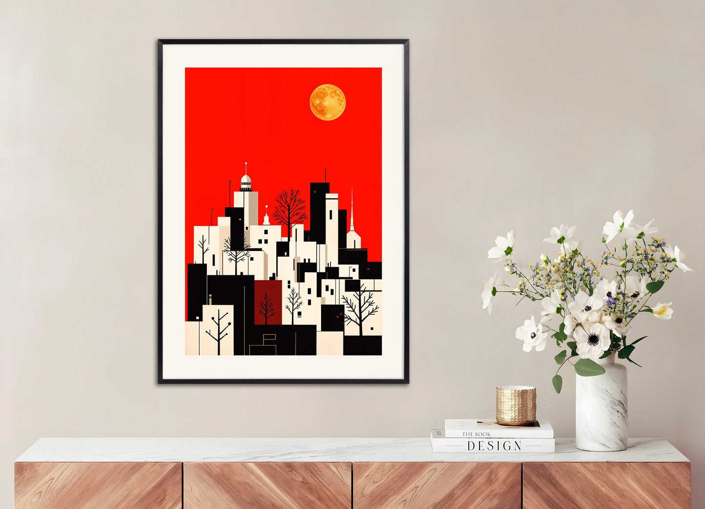 Poster of City and full moon poster, with metal frame