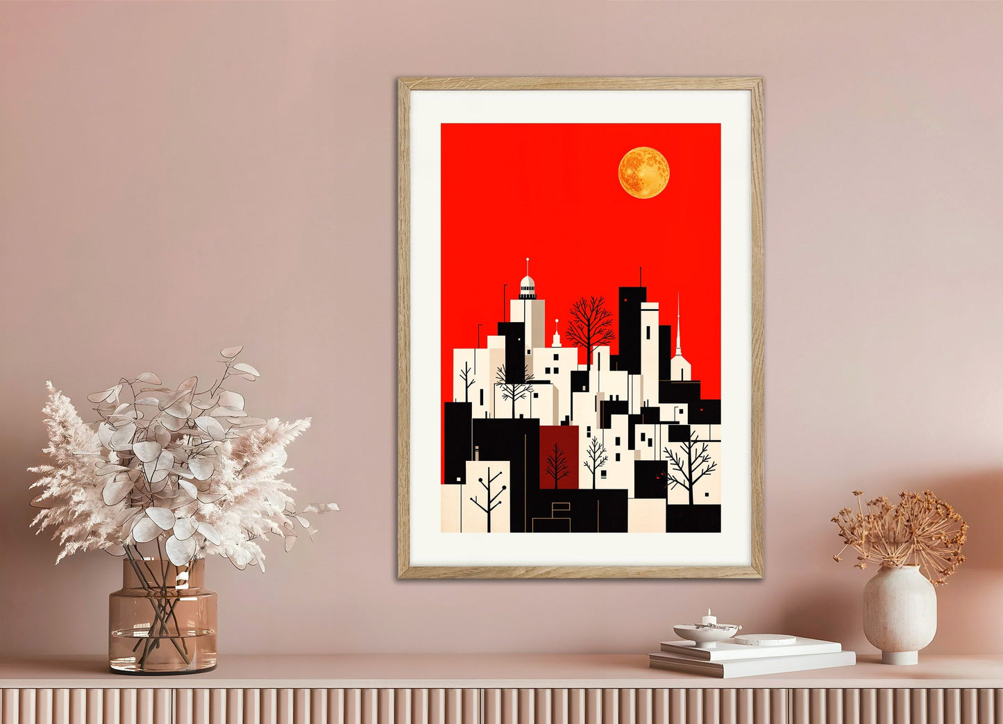 Poster of City and full moon poster, with natural wooden frame