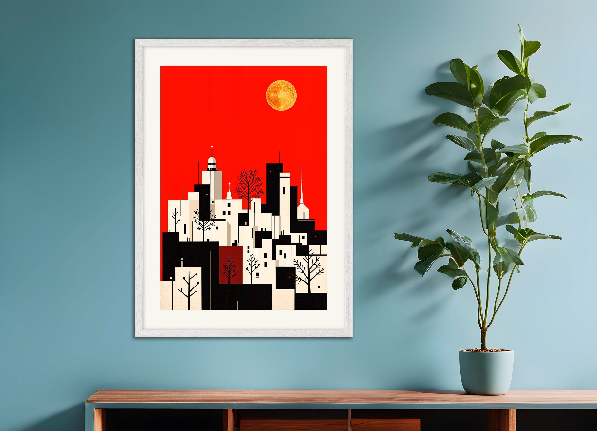 Poster of City and full moon poster, with white wooden frame