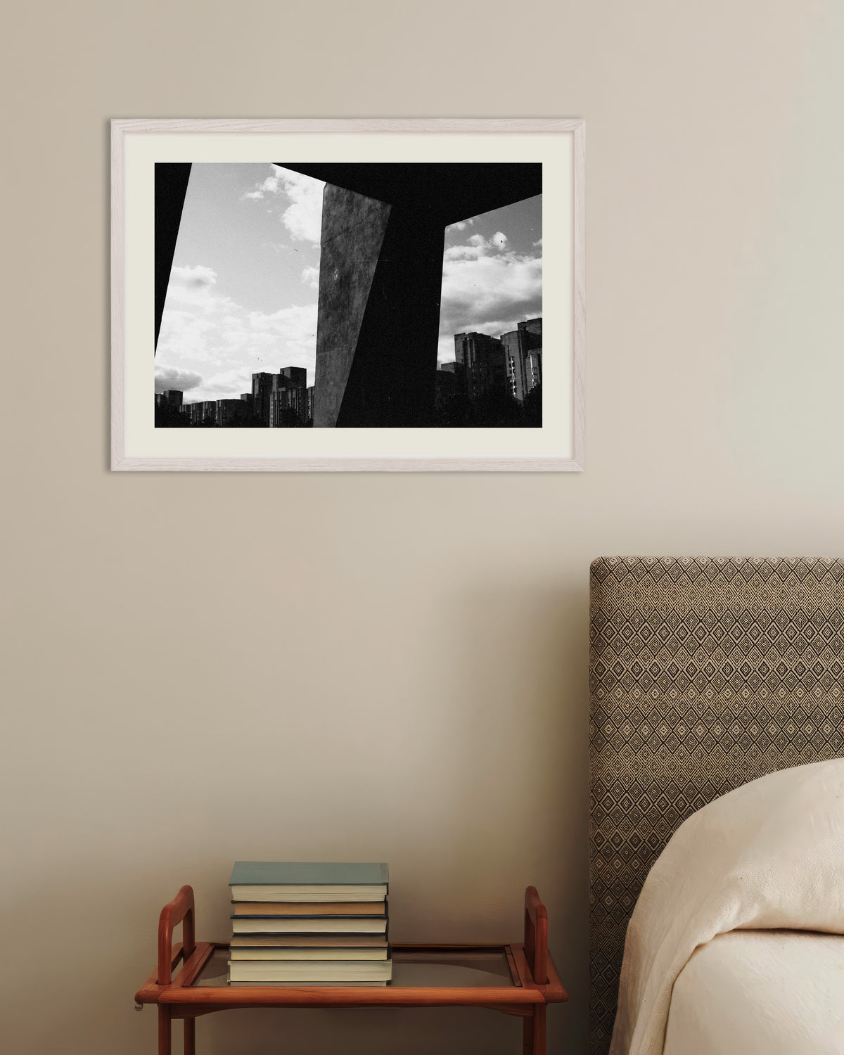 Poster of City Seen Between Concrete Pillars, with white wooden frame