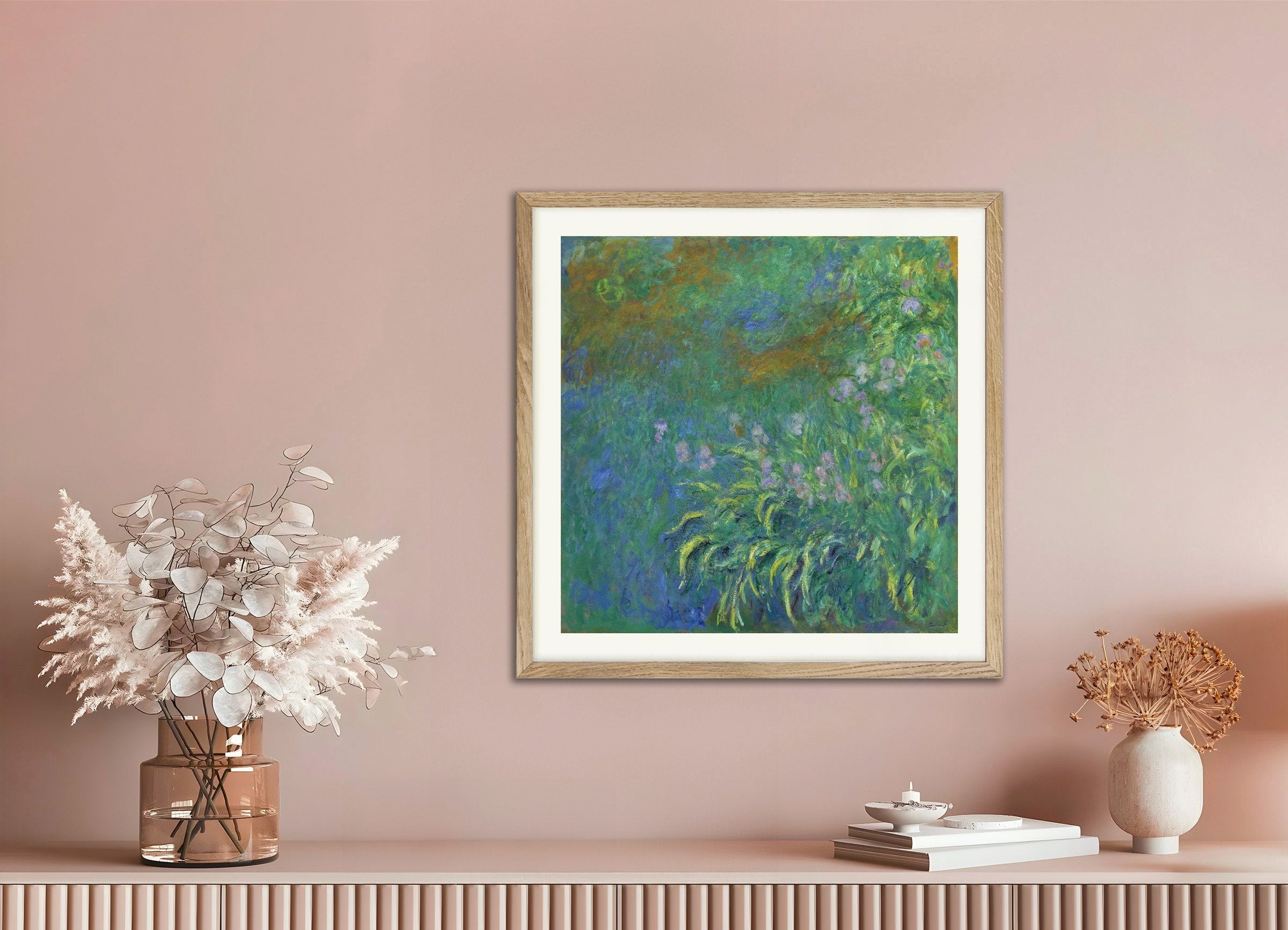 Poster of Claude Monet Iris, with natural wooden frame