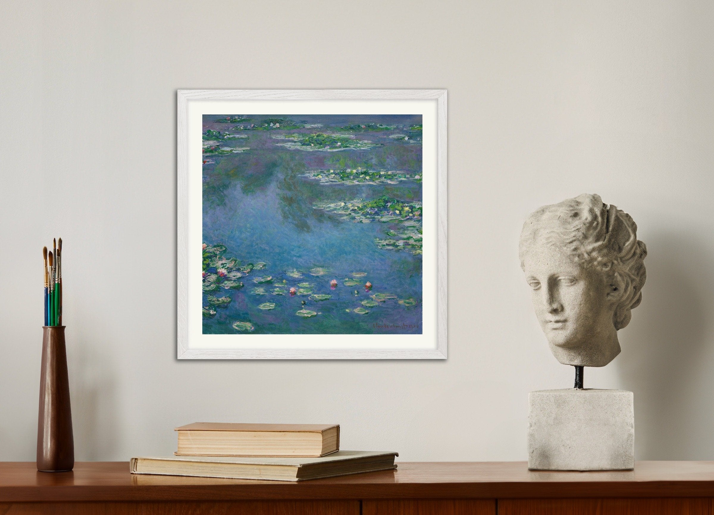 Poster of Claude Monet Water Lillies, with white wooden frame