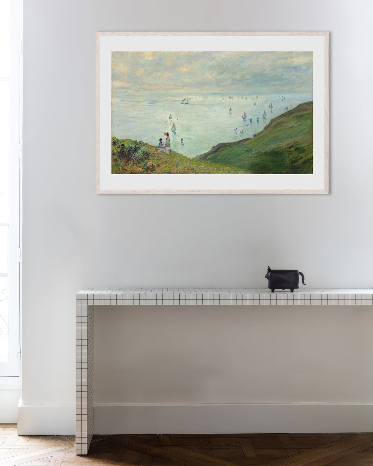 Poster of Cliffs at Pourville (1882) by Claude Monet, with white wooden frame