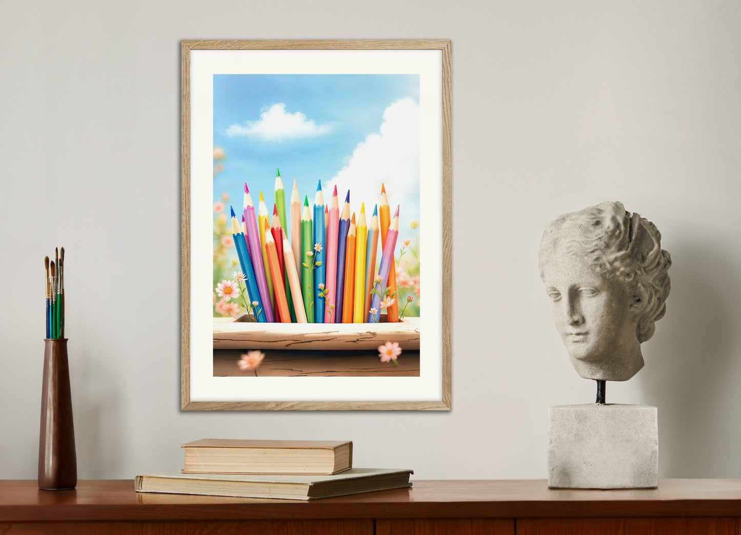 Poster of Colored pencils, with natural wooden frame