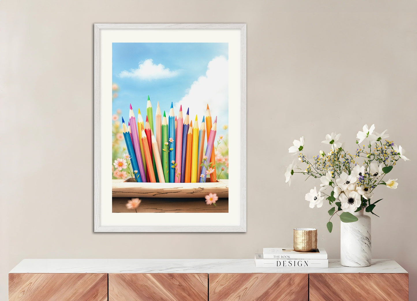 Poster of Colored pencils, with white wooden frame