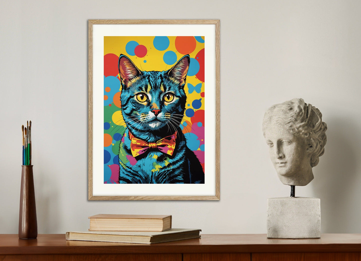 Poster of Colorful cat poster, with natural wooden frame