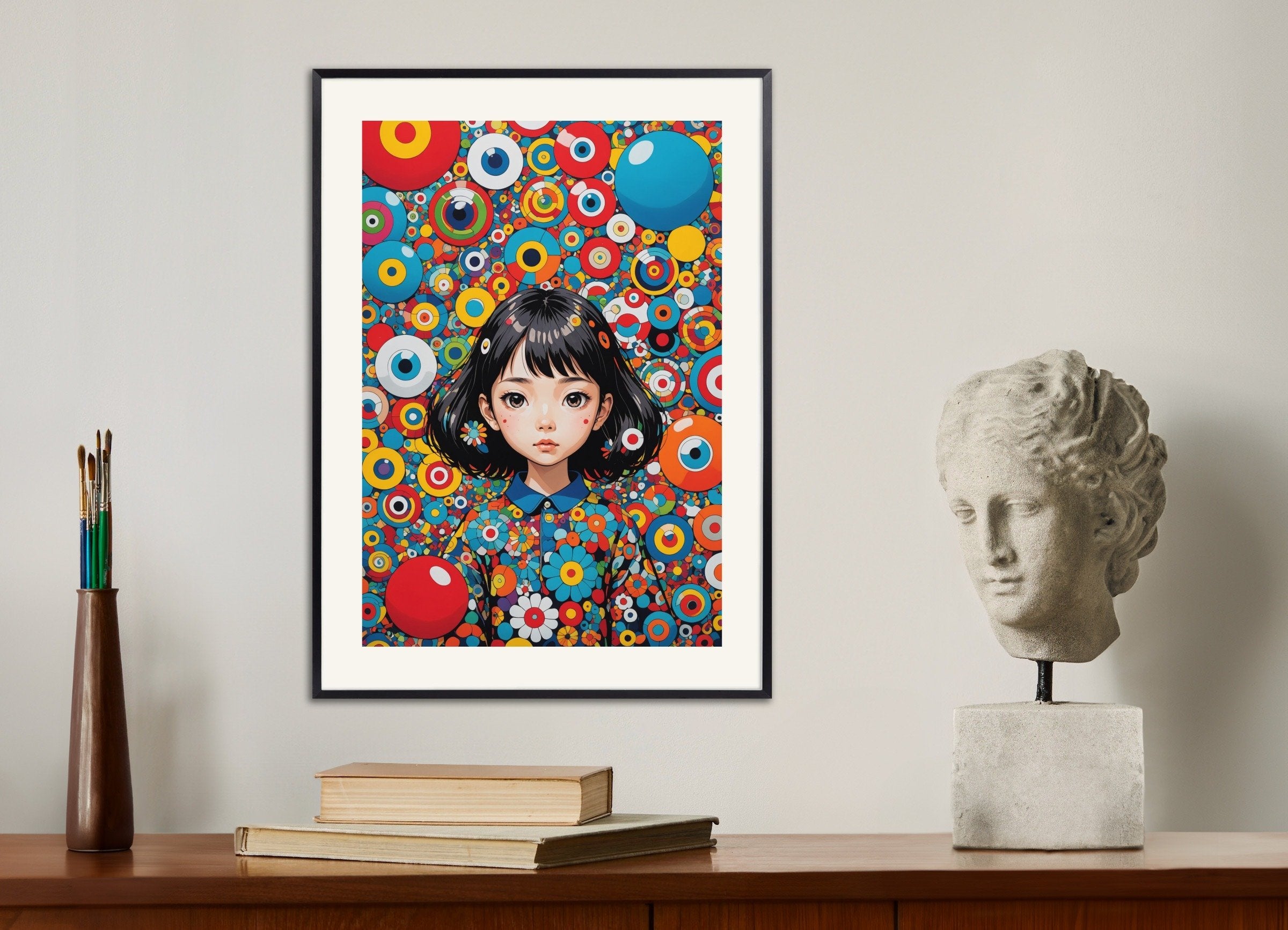 Poster of Contemporary Japanese kawaii artist, with metal frame