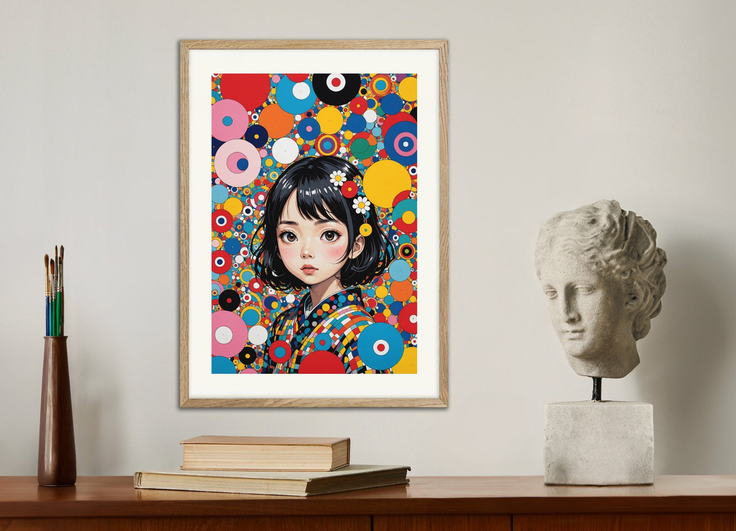 Poster of Contemporary Japanese kawaii artist, with natural wooden frame