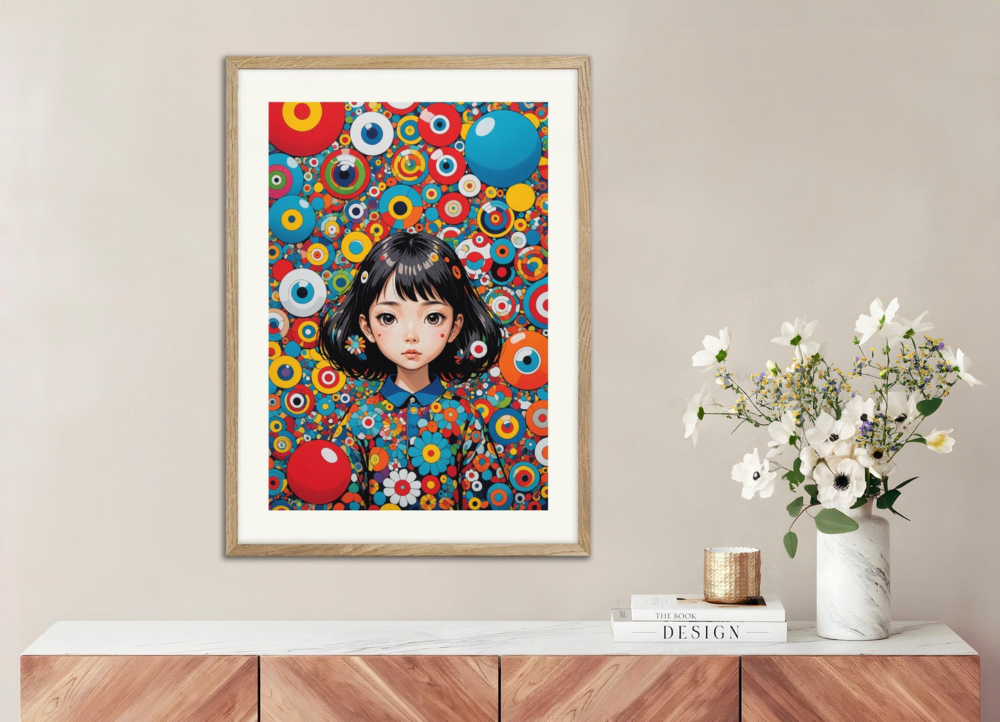 Poster of Contemporary Japanese kawaii artist, with natural wooden frame