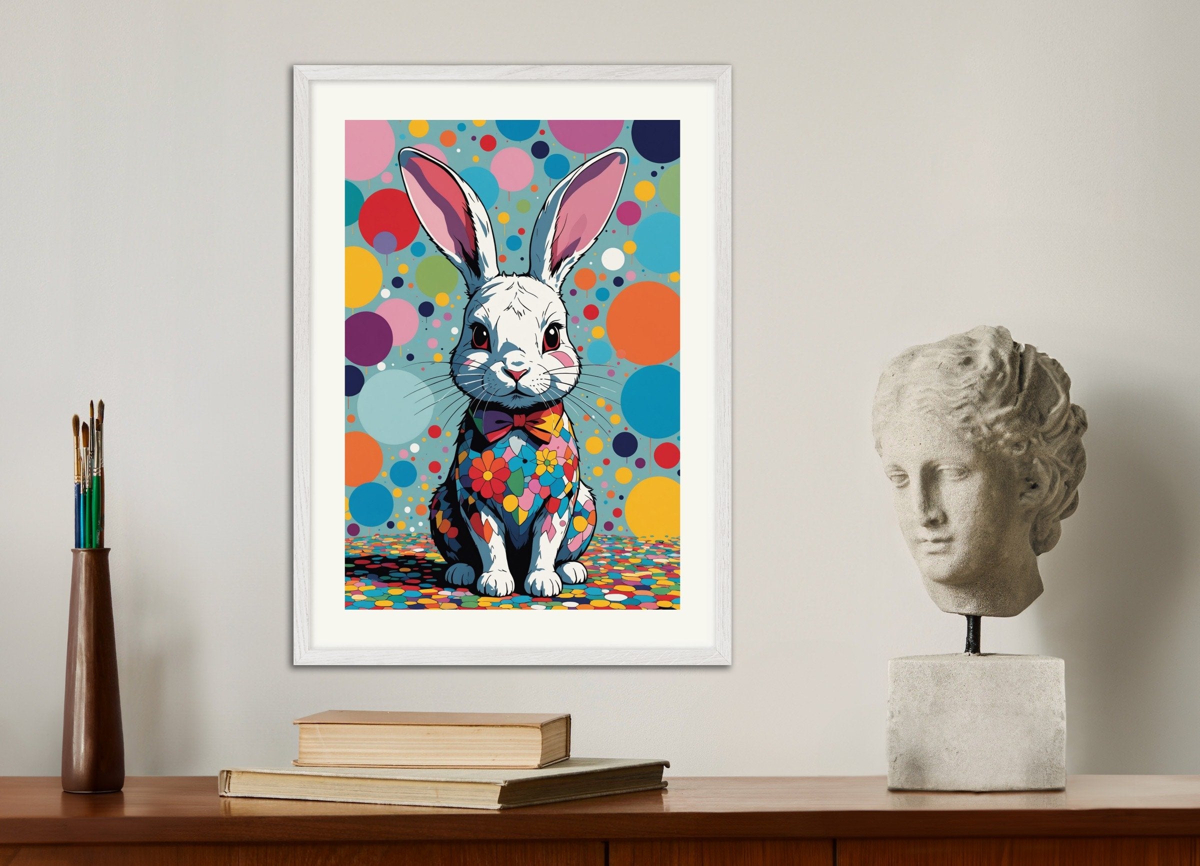 Poster of Contemporary Japanese kawaii artist, with white wooden frame