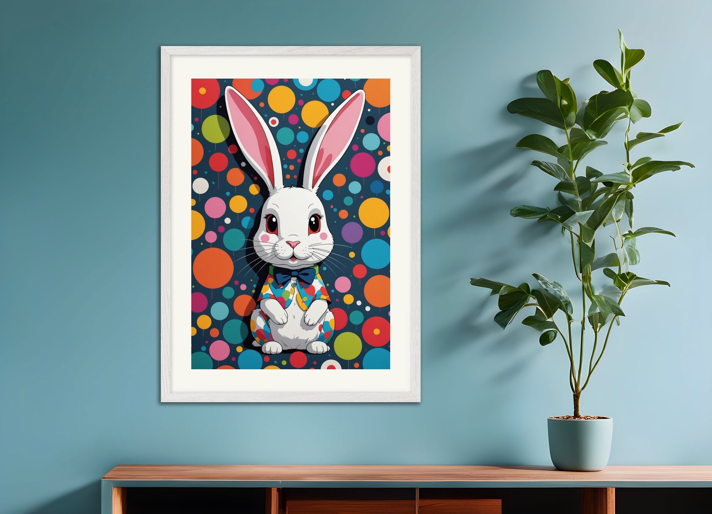 Poster of Contemporary Japanese kawaii artist, with white wooden frame