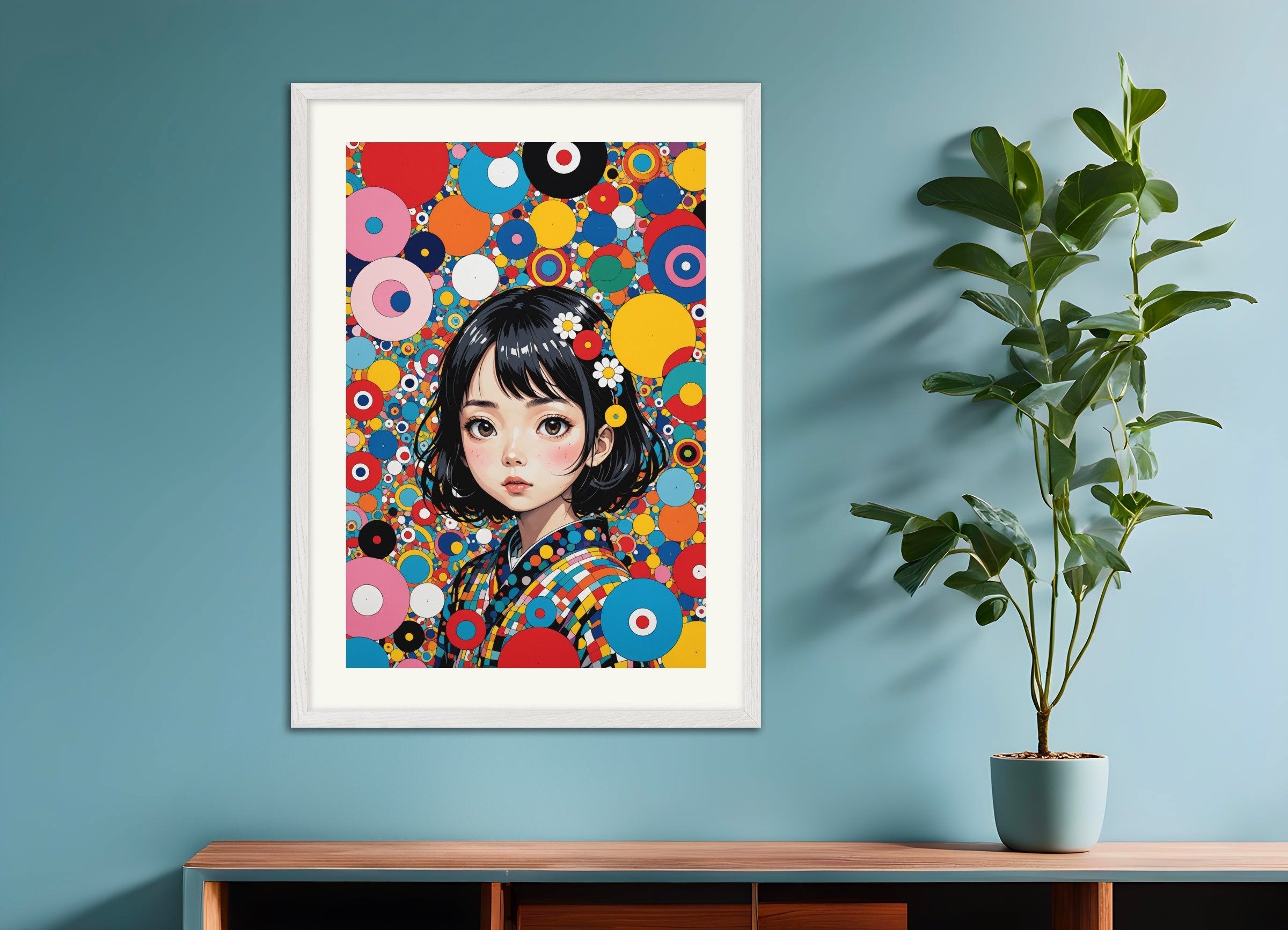 Poster of Contemporary Japanese kawaii artist, with white wooden frame