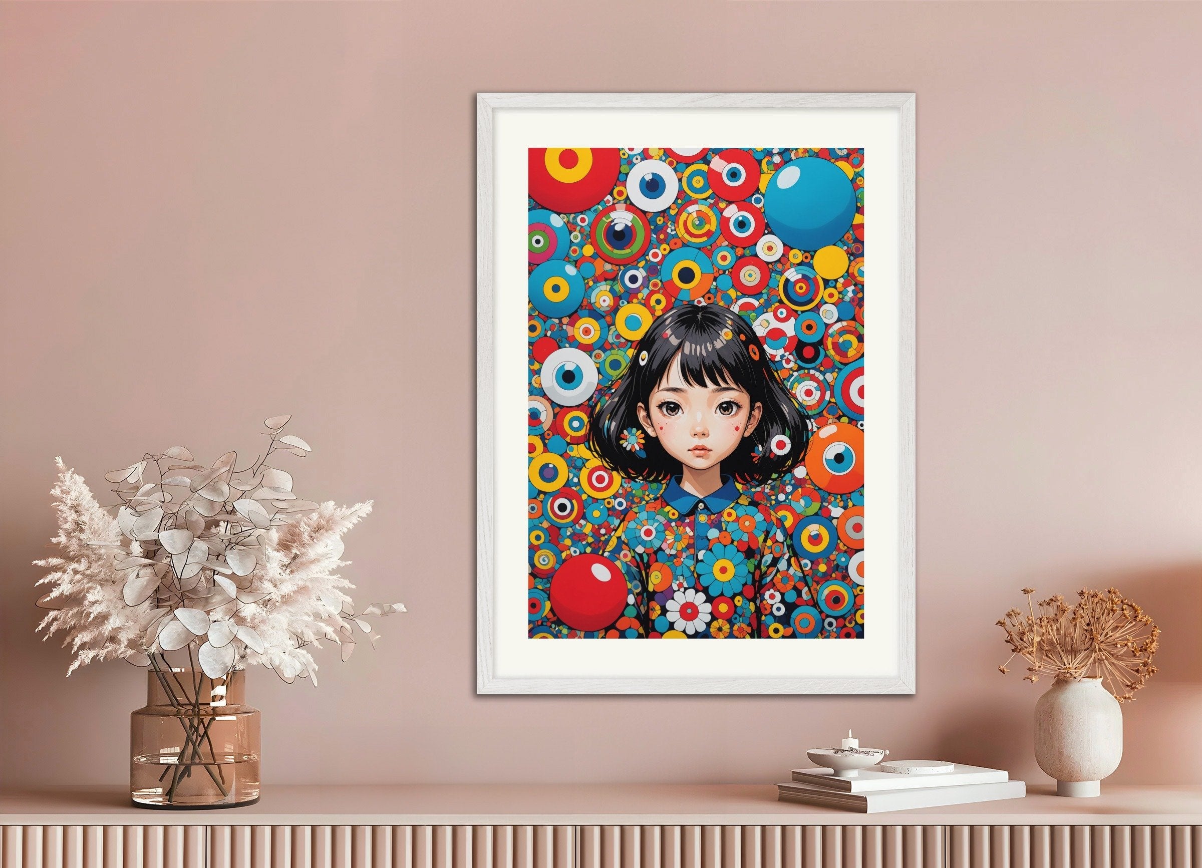 Poster of Contemporary Japanese kawaii artist, with white wooden frame