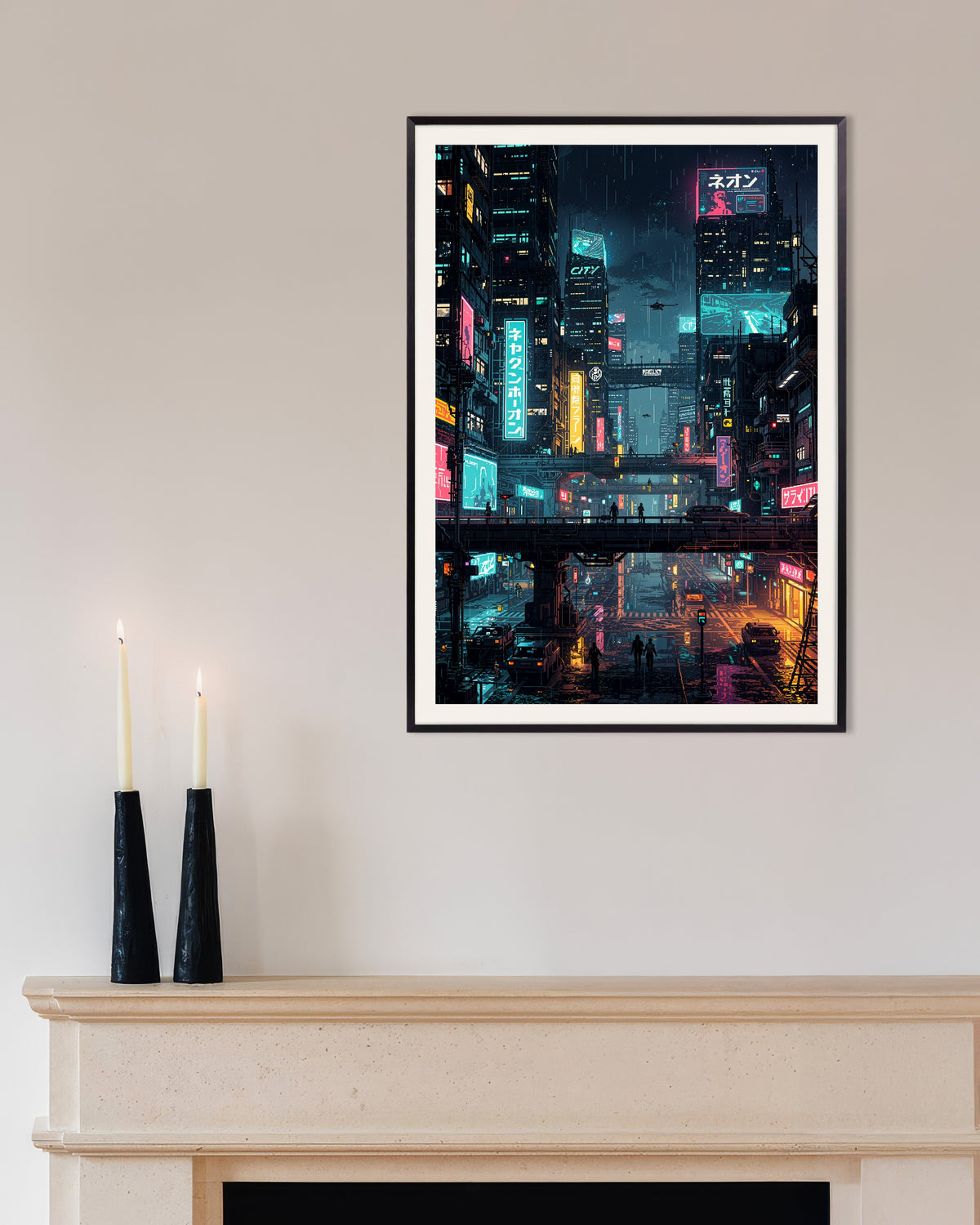 Poster av Japansk cyberpunkby i pikselkunst, med metallramme