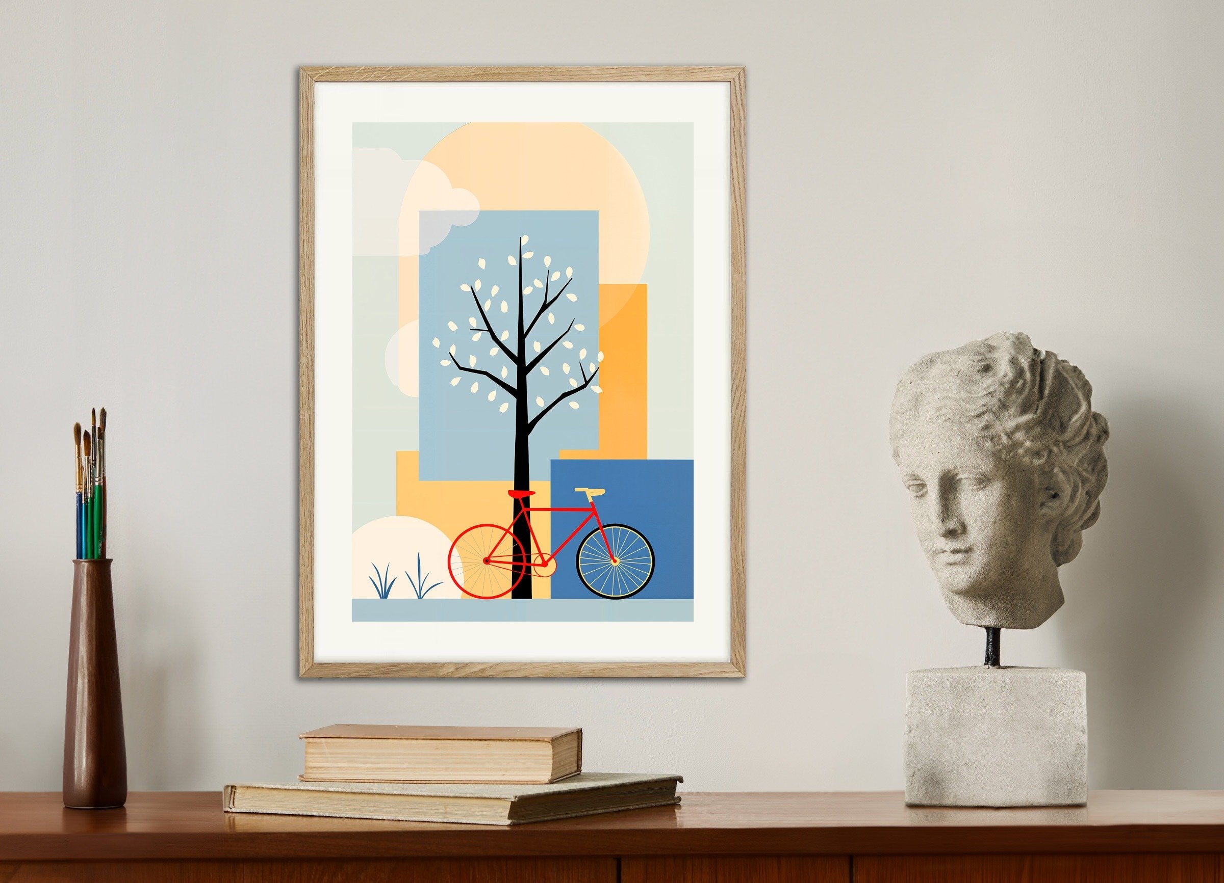 Poster of Cycling poster, geometric abstract art, with natural wooden frame