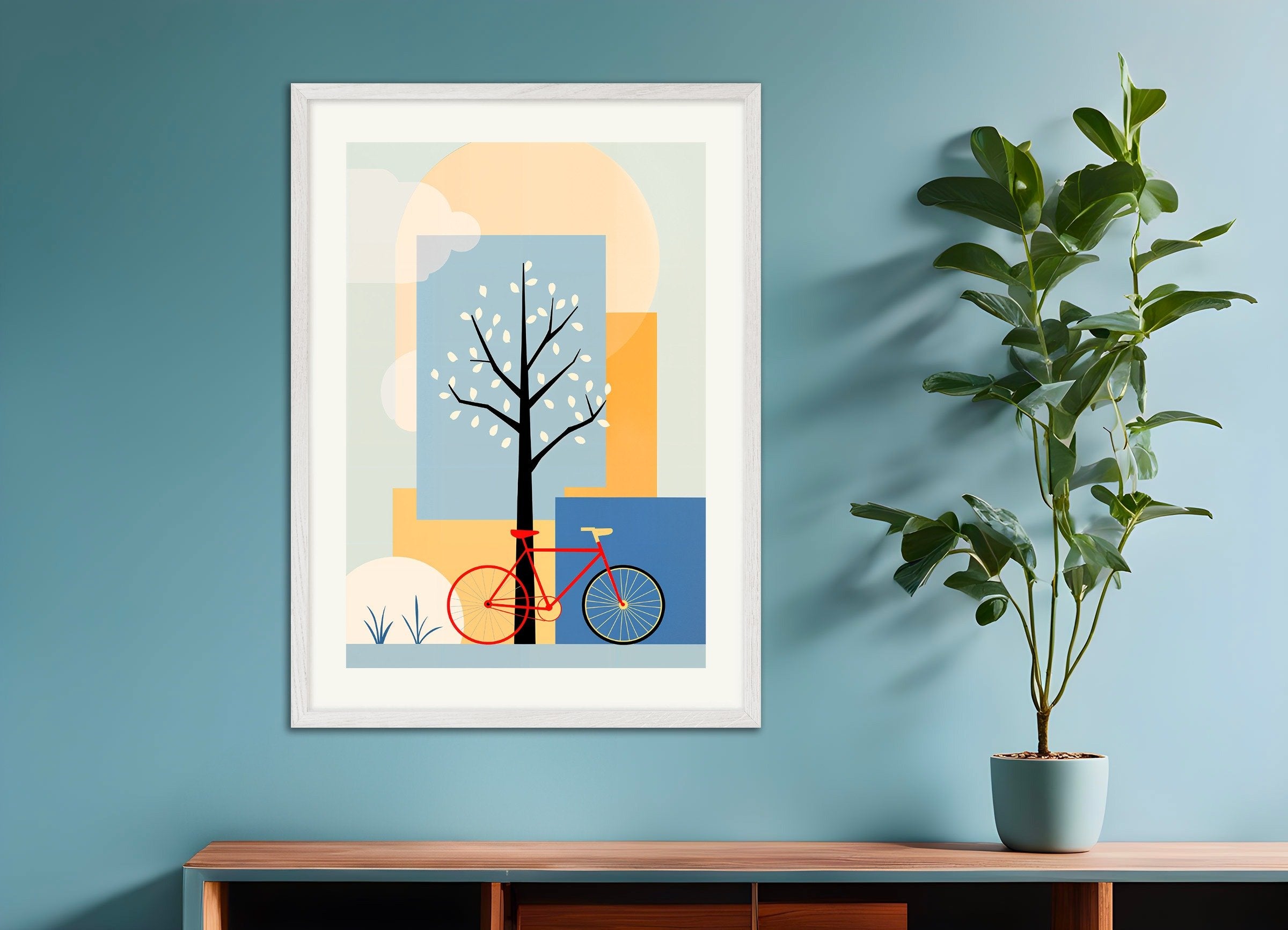 Poster of Cycling poster, geometric abstract art, with white wooden frame