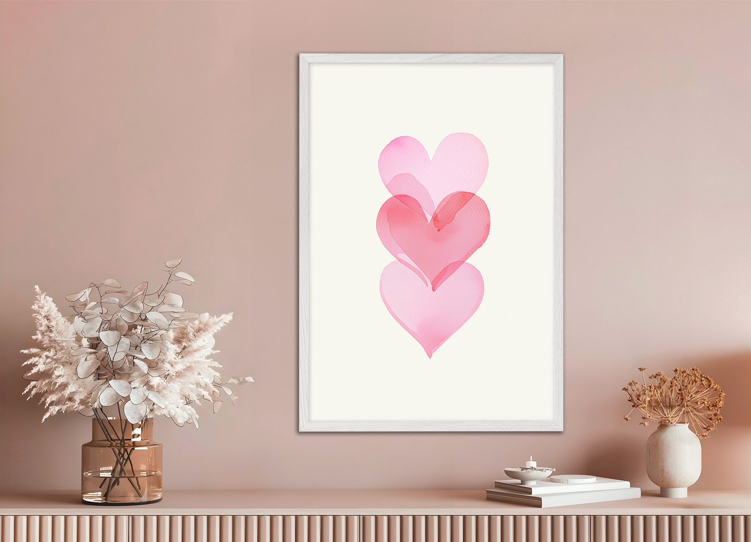 Poster with white wood frame: Watercolour romantic hearts