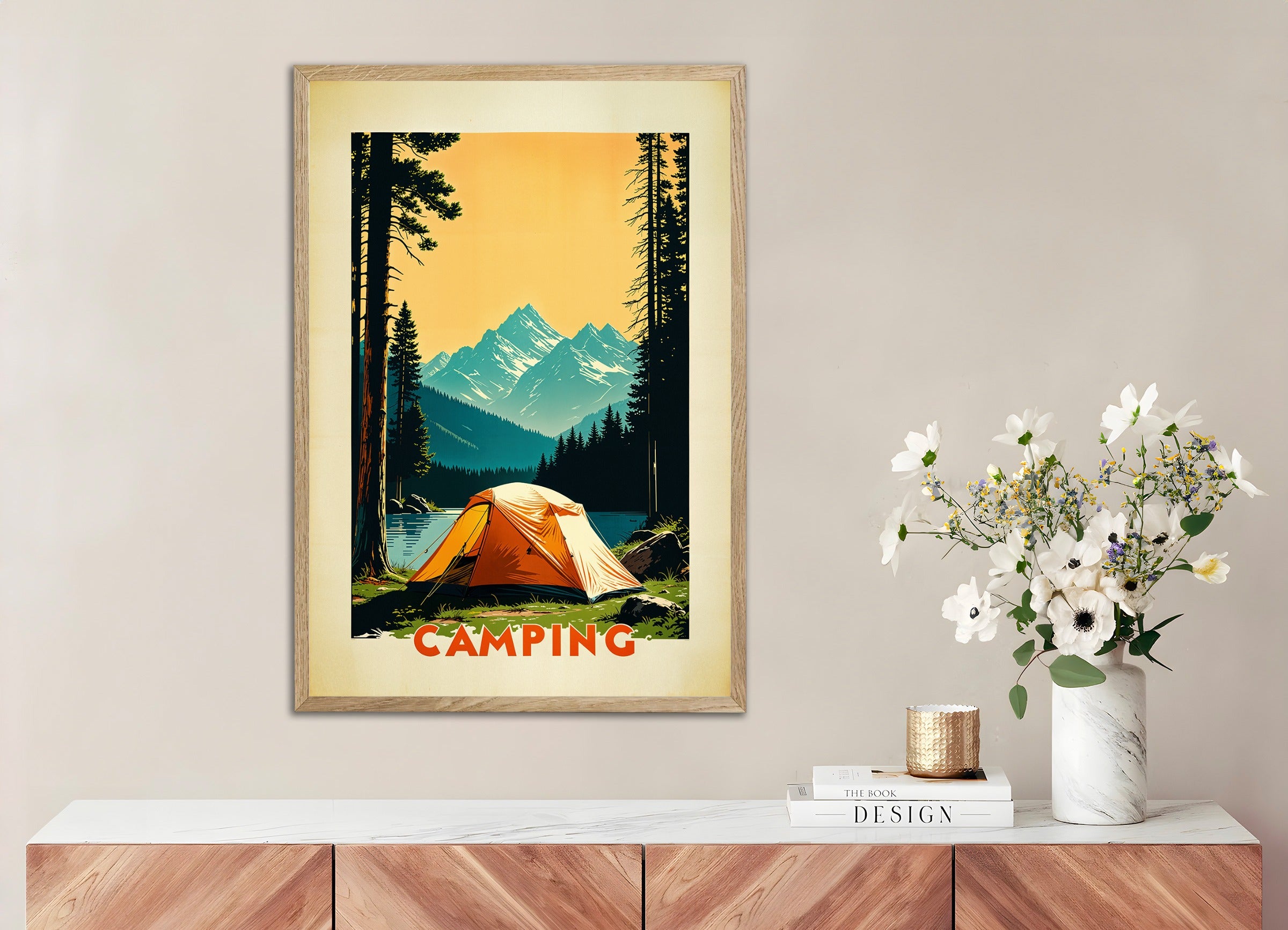 Poster with natural wood frame: Nature, camping and mountains poster