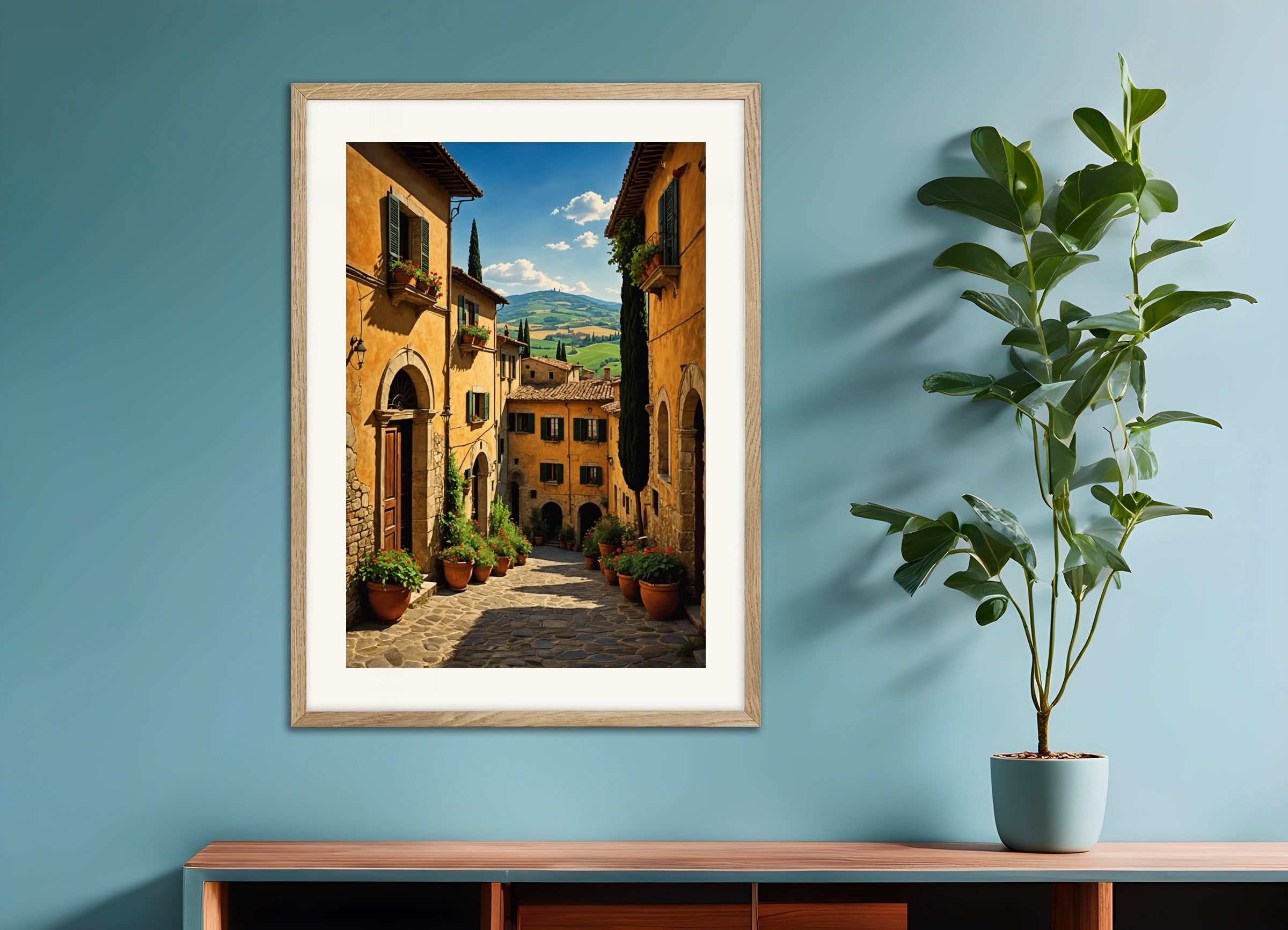 Poster with wood frame: Vineyard in Tuscany