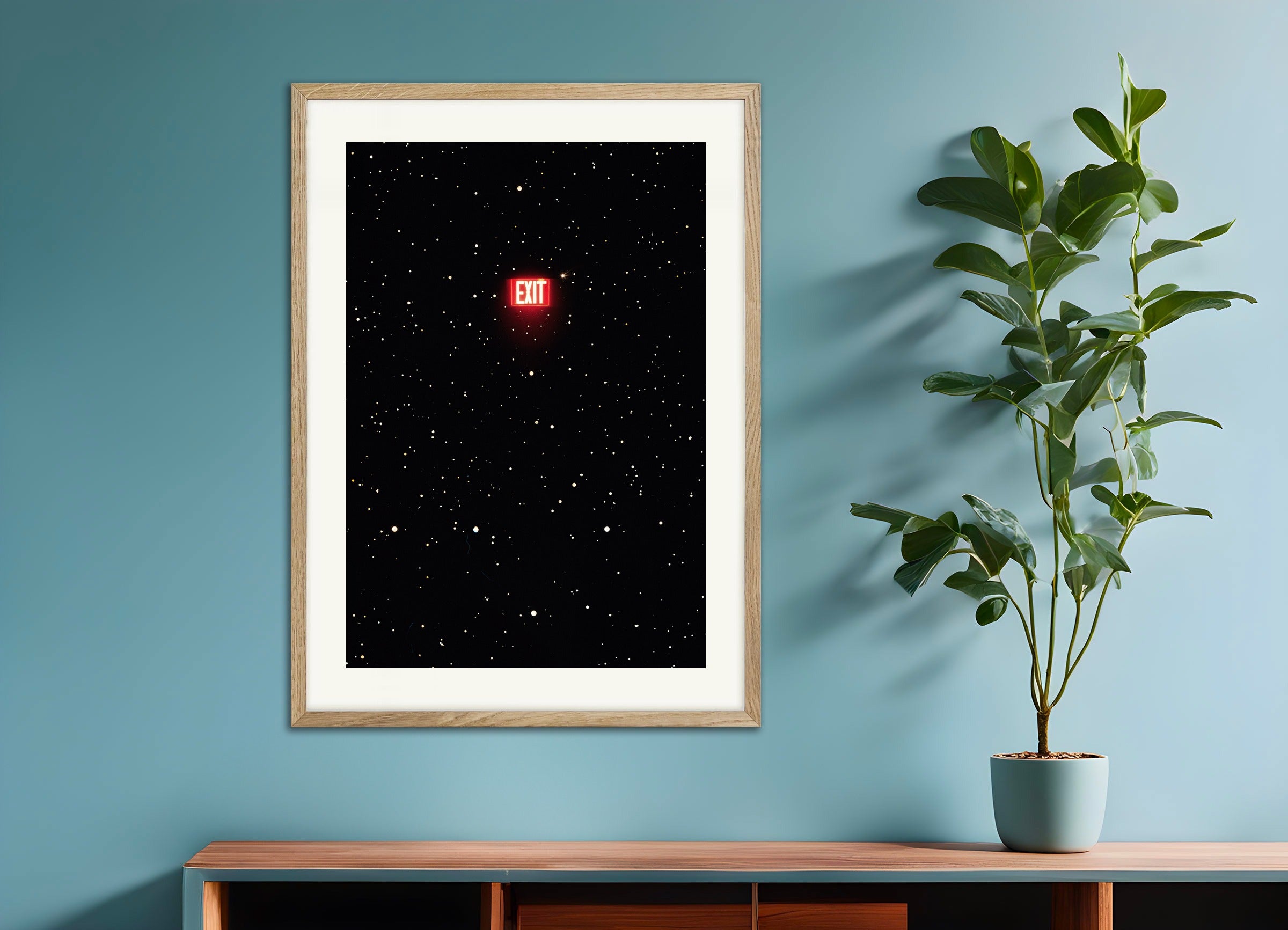 Poster with natural wood frame: Exit to the Universe