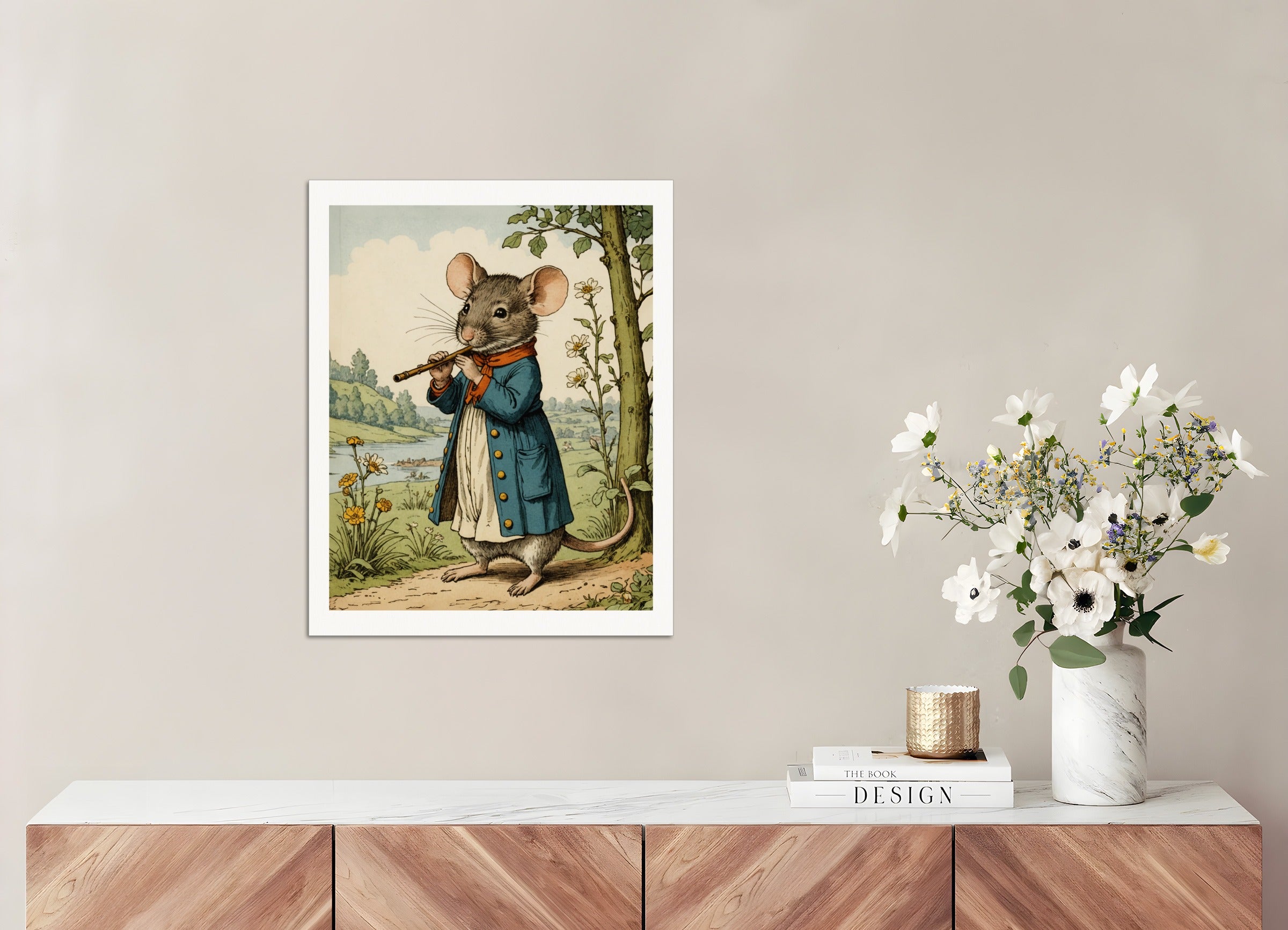 Poster: British illustrations, innocent and nostalgic childhood, a mouse playing the flute