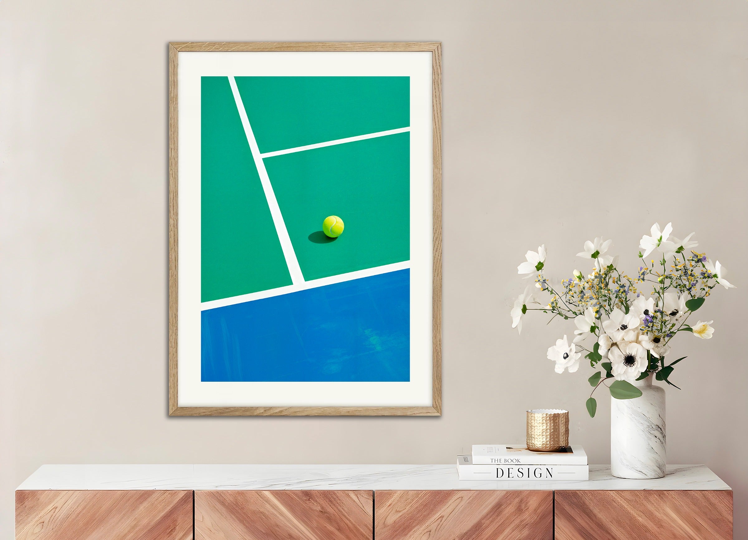 Poster with natural wood frame: Tennis ball and court