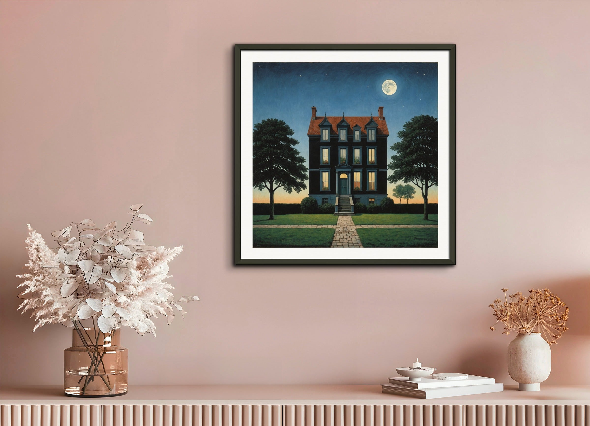 Poster with metal frame: Belgian surrealism, A house in day and night