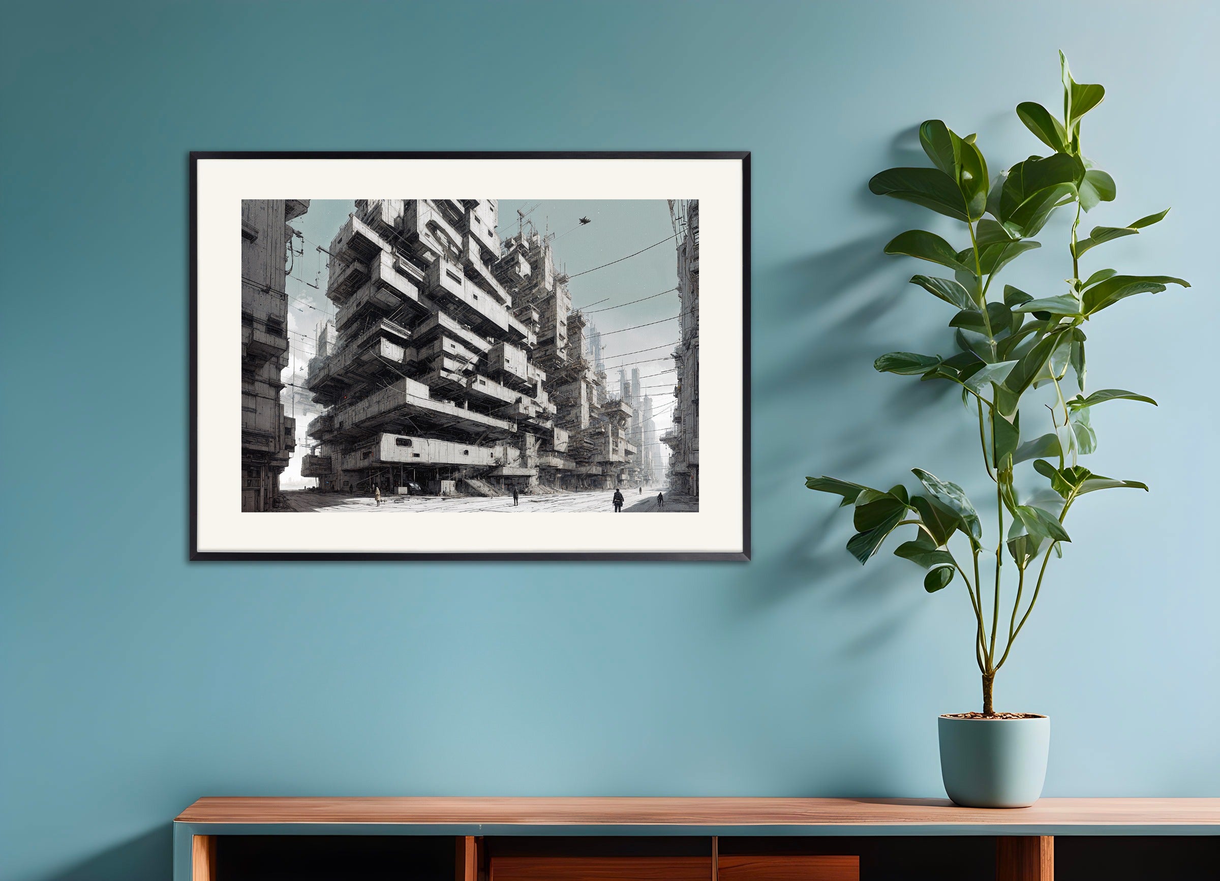 Poster with metal frame: Brutalist architecture, cybernetic city