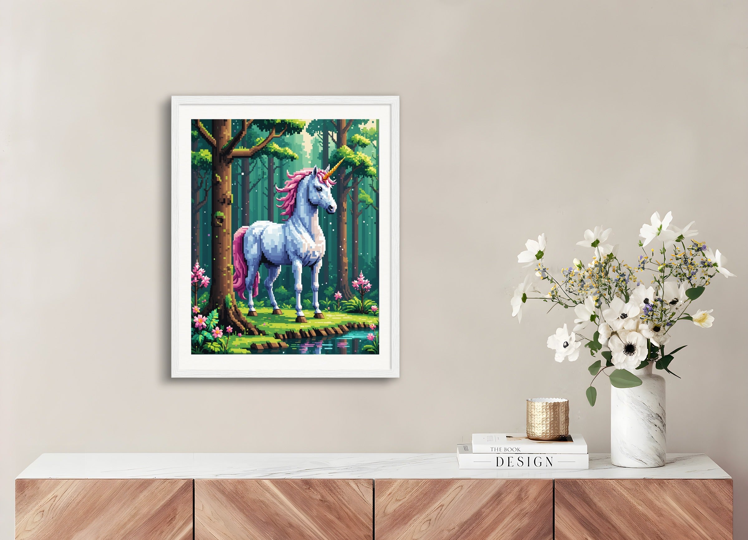 Poster with wood frame: Pixel Art, Unicorn in the magical forest