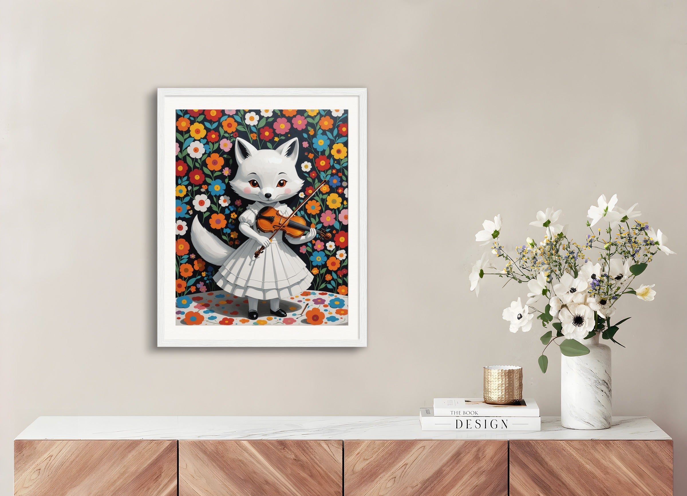 Poster with wood frame: Contemporary Japanese kawaii artist, fox in a white dress plays the violin