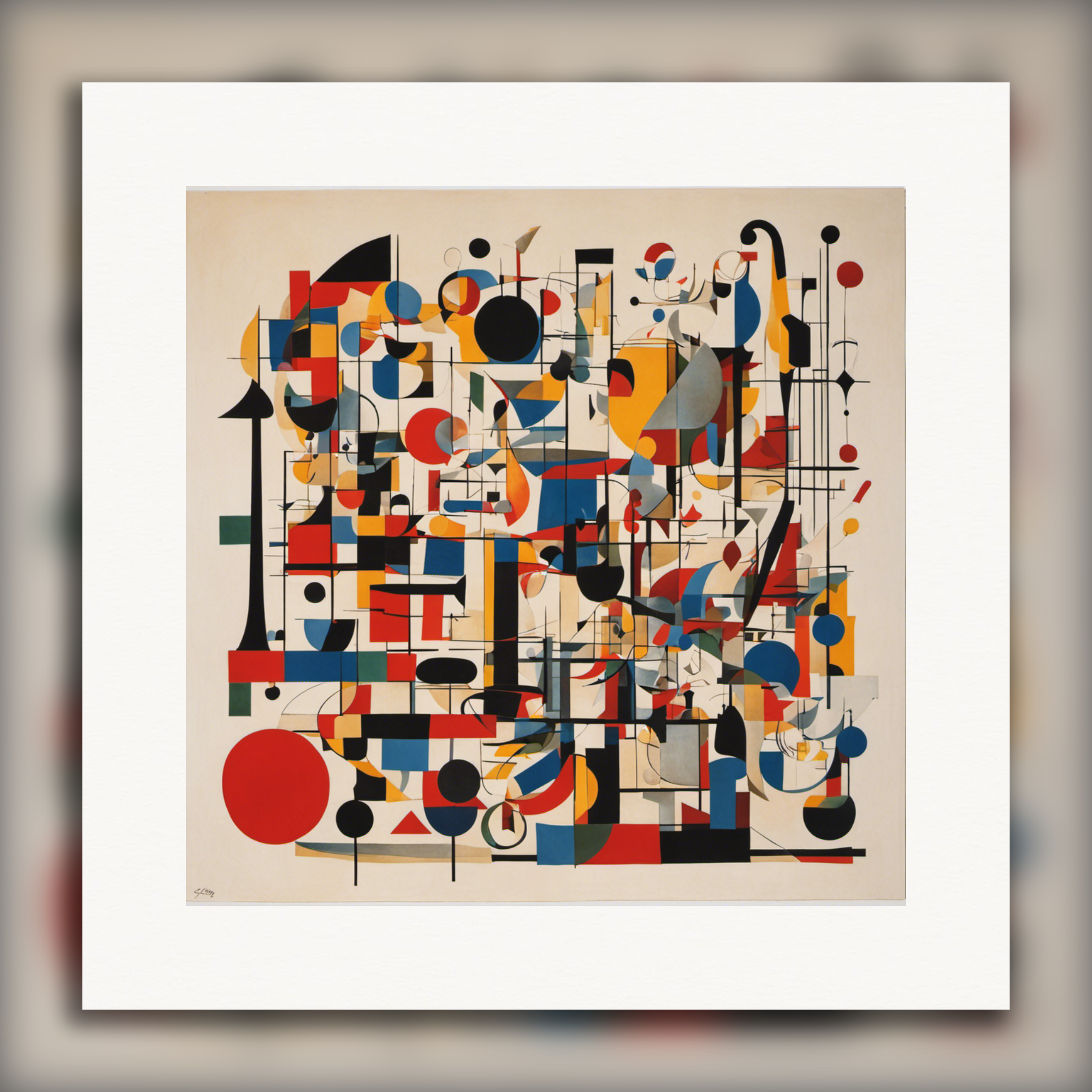 Lines and geometric figures with floating shapes, playful abstract art - Poster