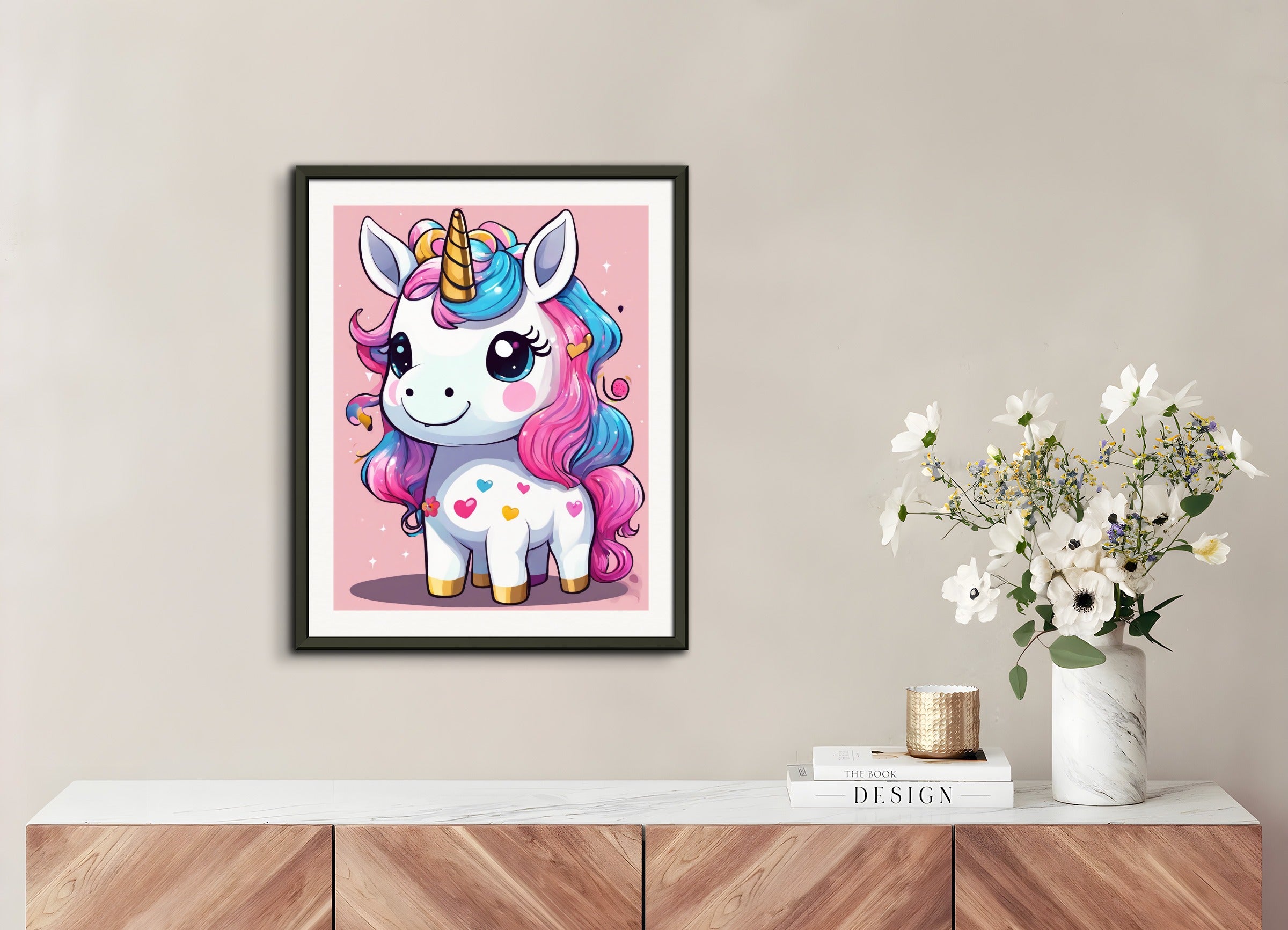 Poster with metal frame: Japanese contemporary Kawaii artist, A baby cute unicorn