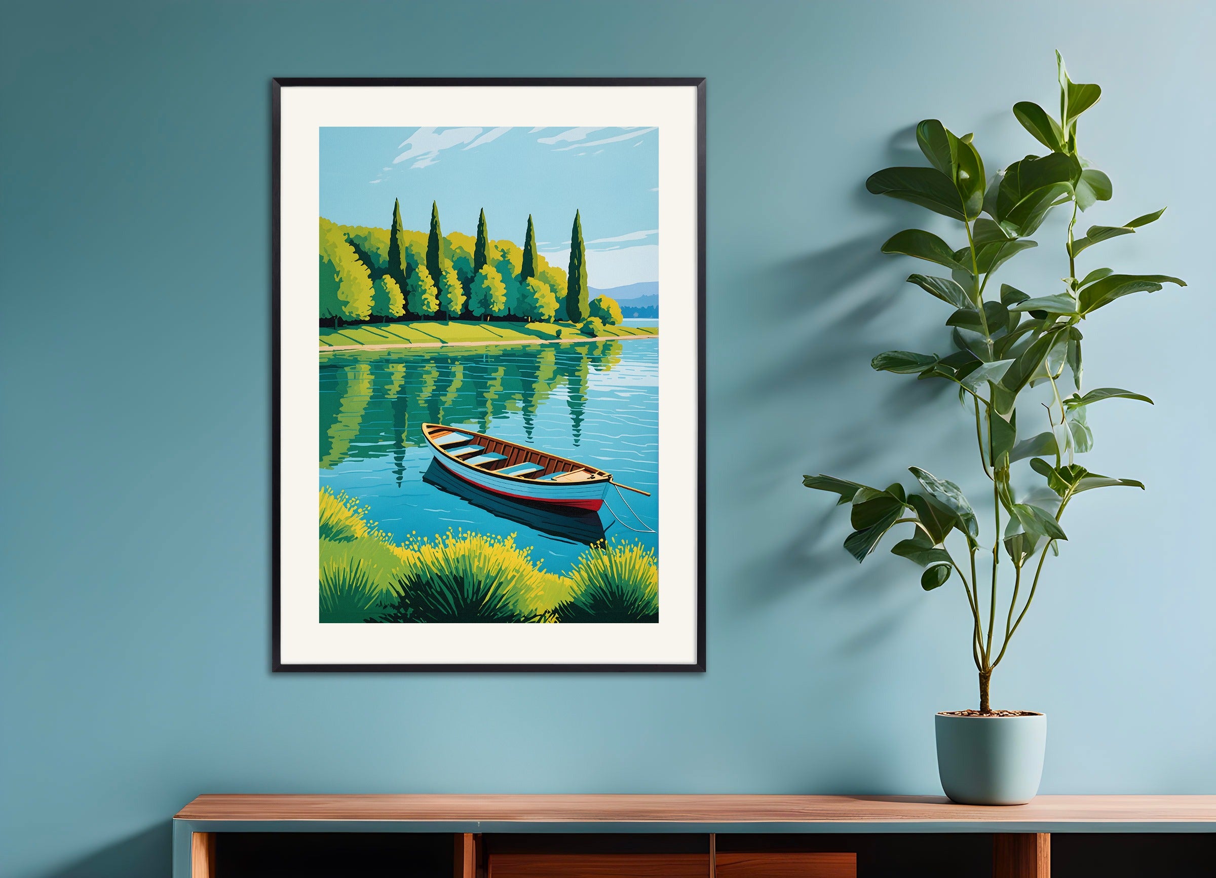 Poster with metal frame: A boat on a lake