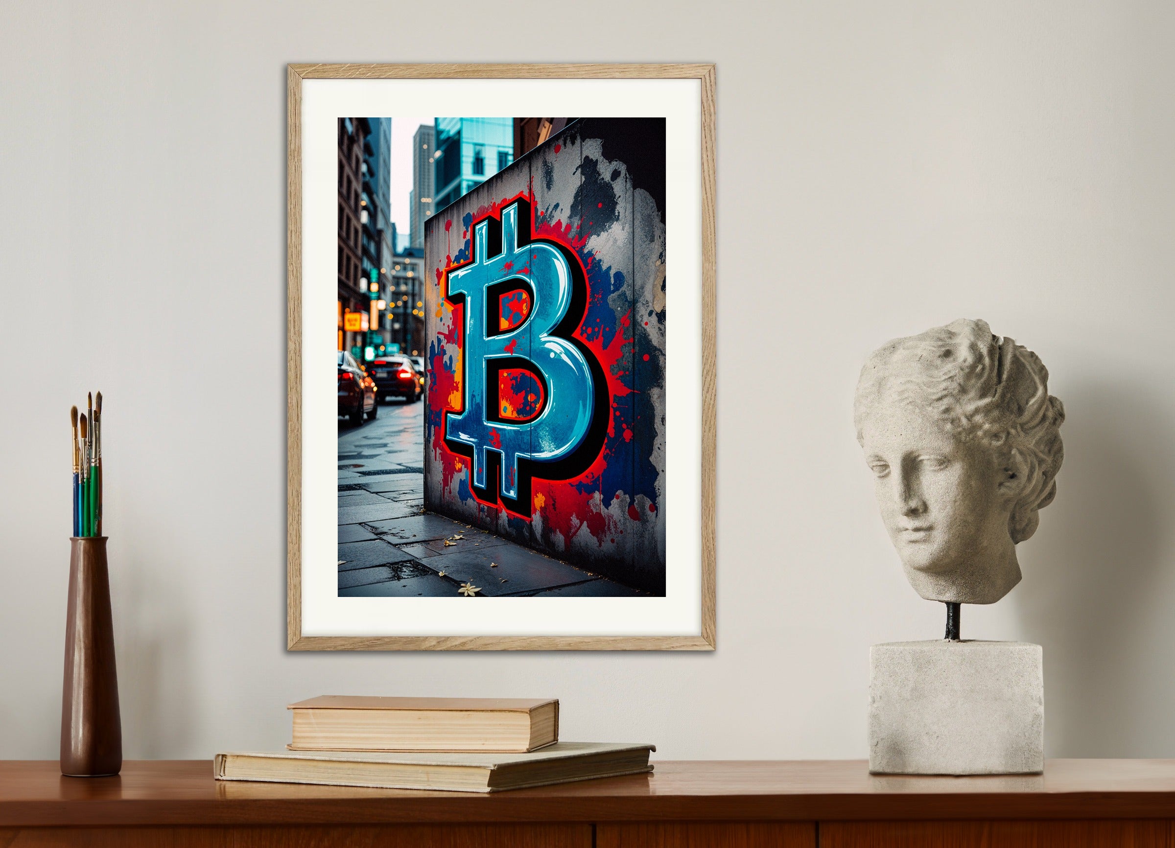 Poster with natural wood frame: Bitcoin Street Art