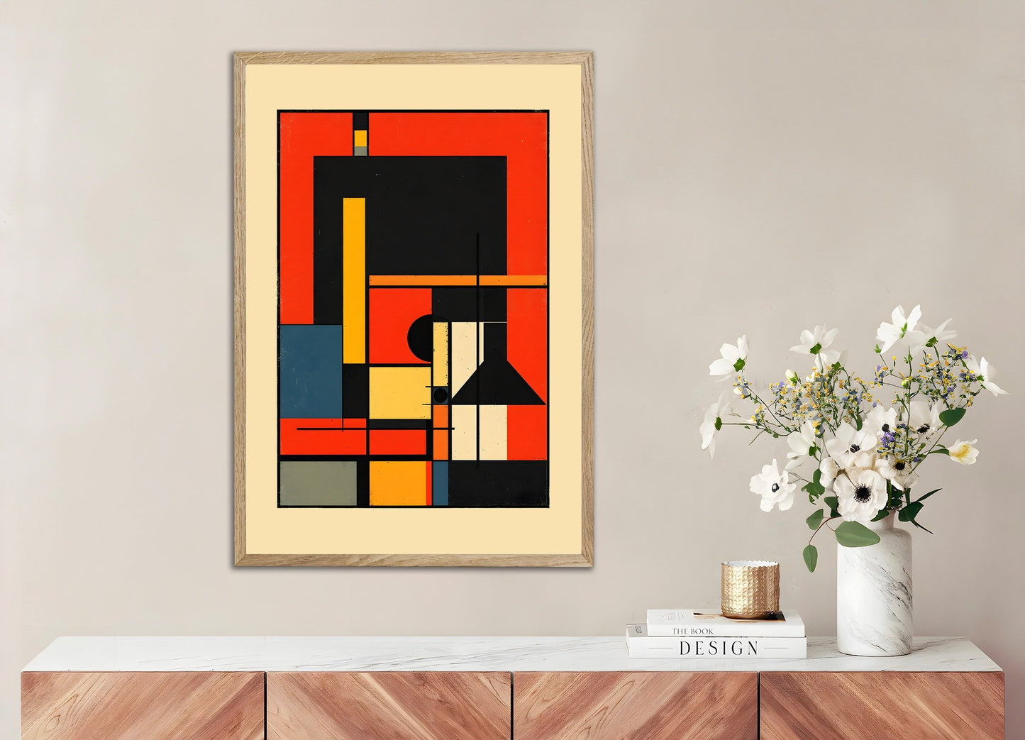 Poster of De Stijl Art, a series of geometric patterns, with natural wooden frame