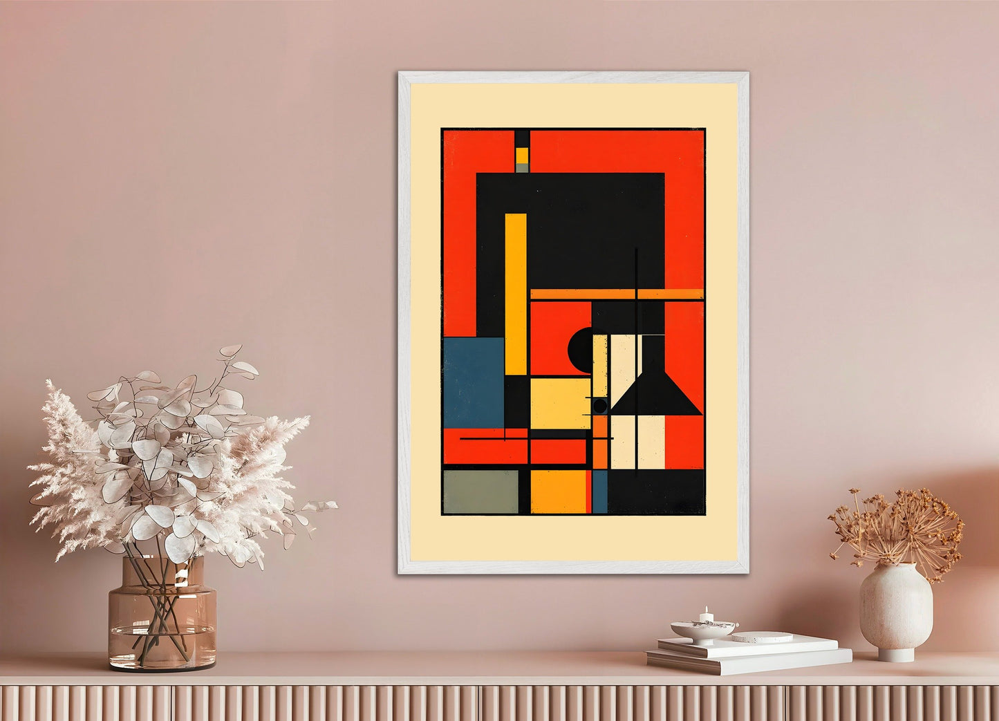 Poster of De Stijl Art, a series of geometric patterns, with white wooden frame