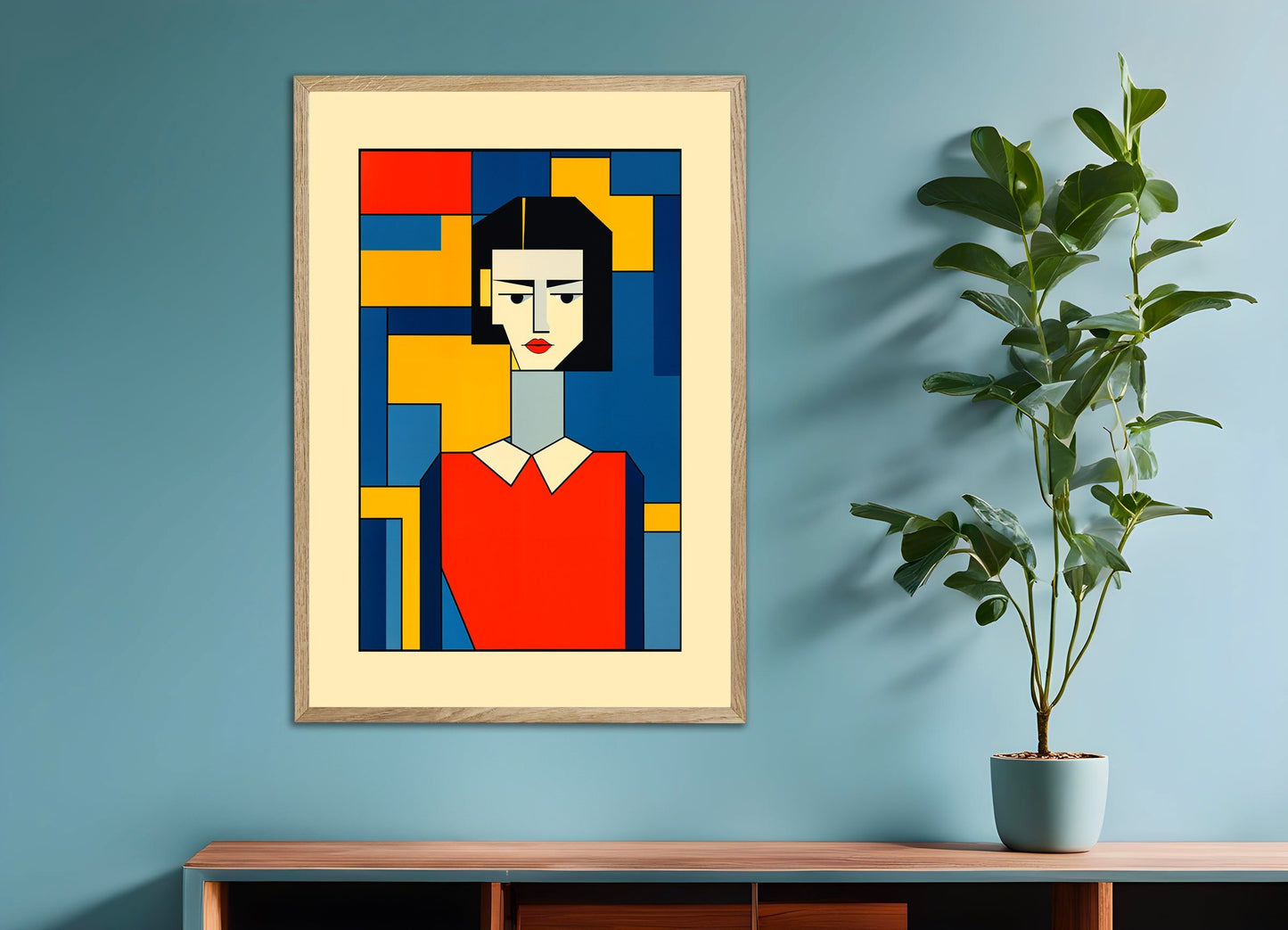 Poster of De Stijl, portrait de Justine, with natural wooden frame