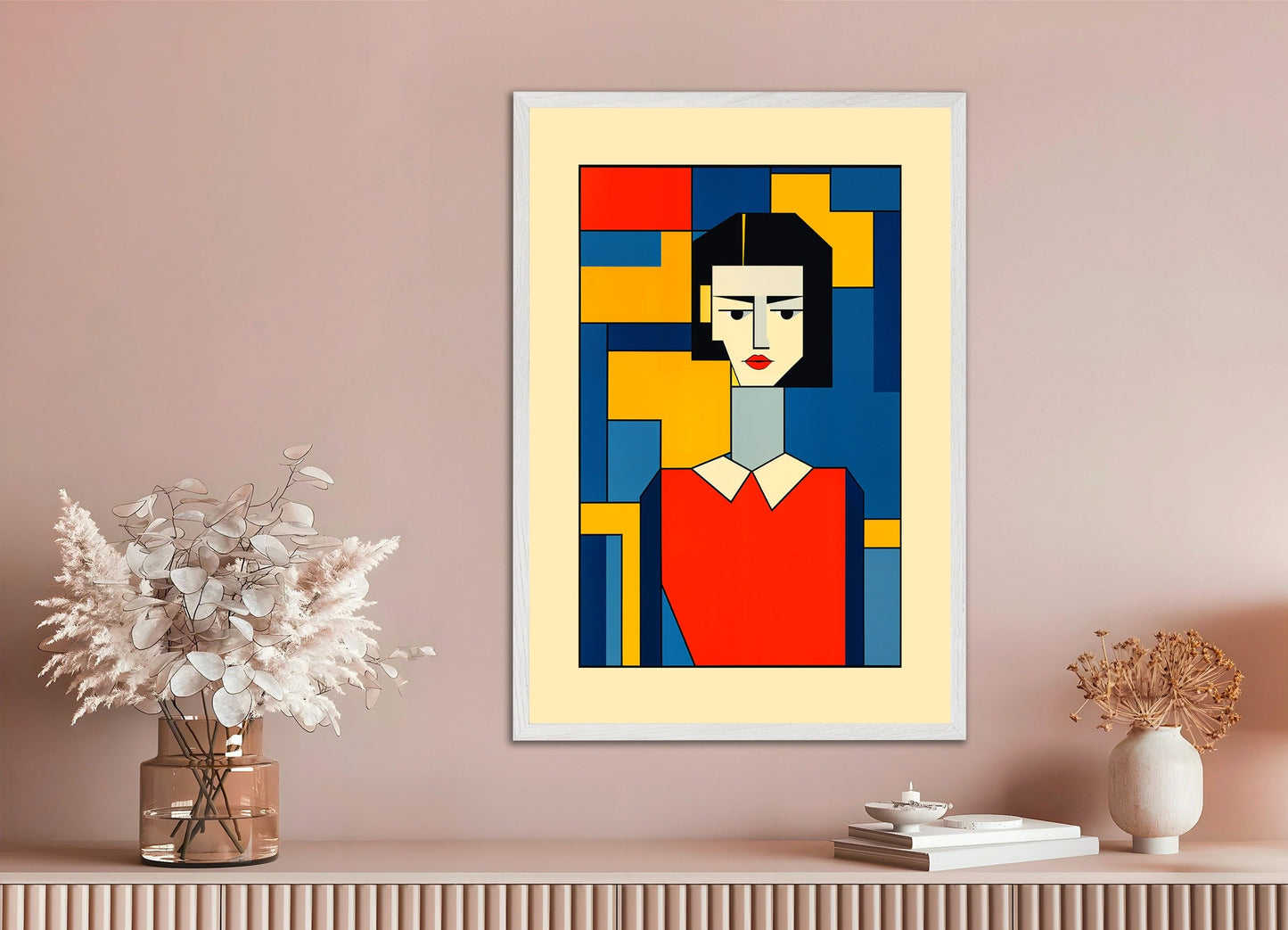 Poster of De Stijl, portrait de Justine, with white wooden frame