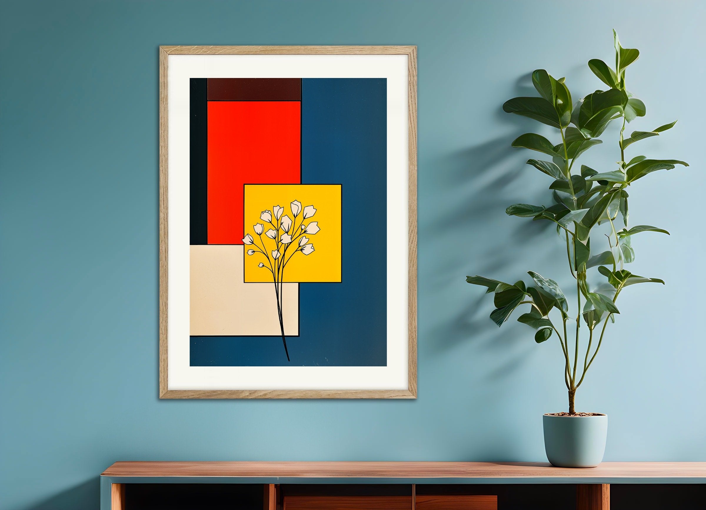 Poster of De Stijl, tulipes blanches, with natural wooden frame