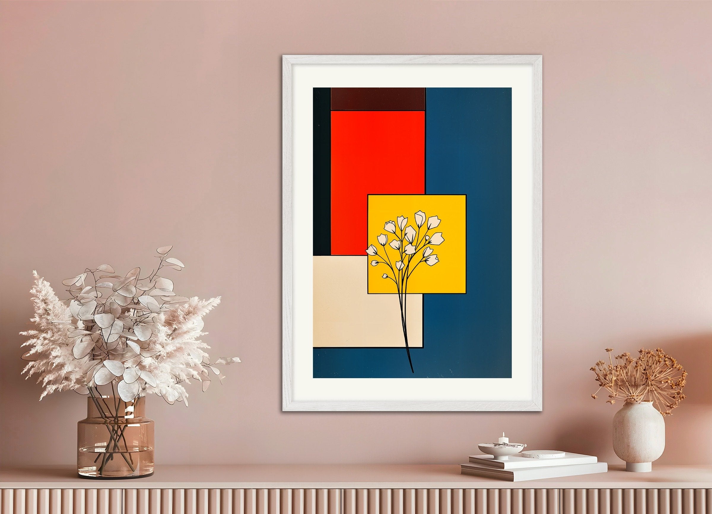 Poster of De Stijl, tulipes blanches, with white wooden frame