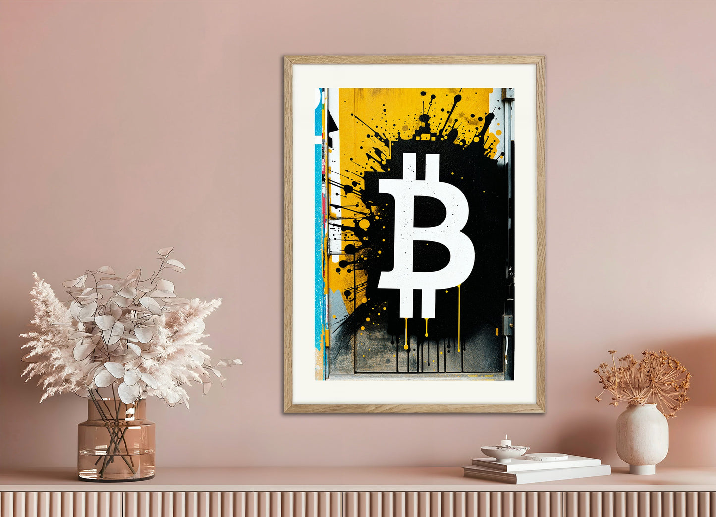 Poster with natural wood frame: Bitcoin, Street Art Wall