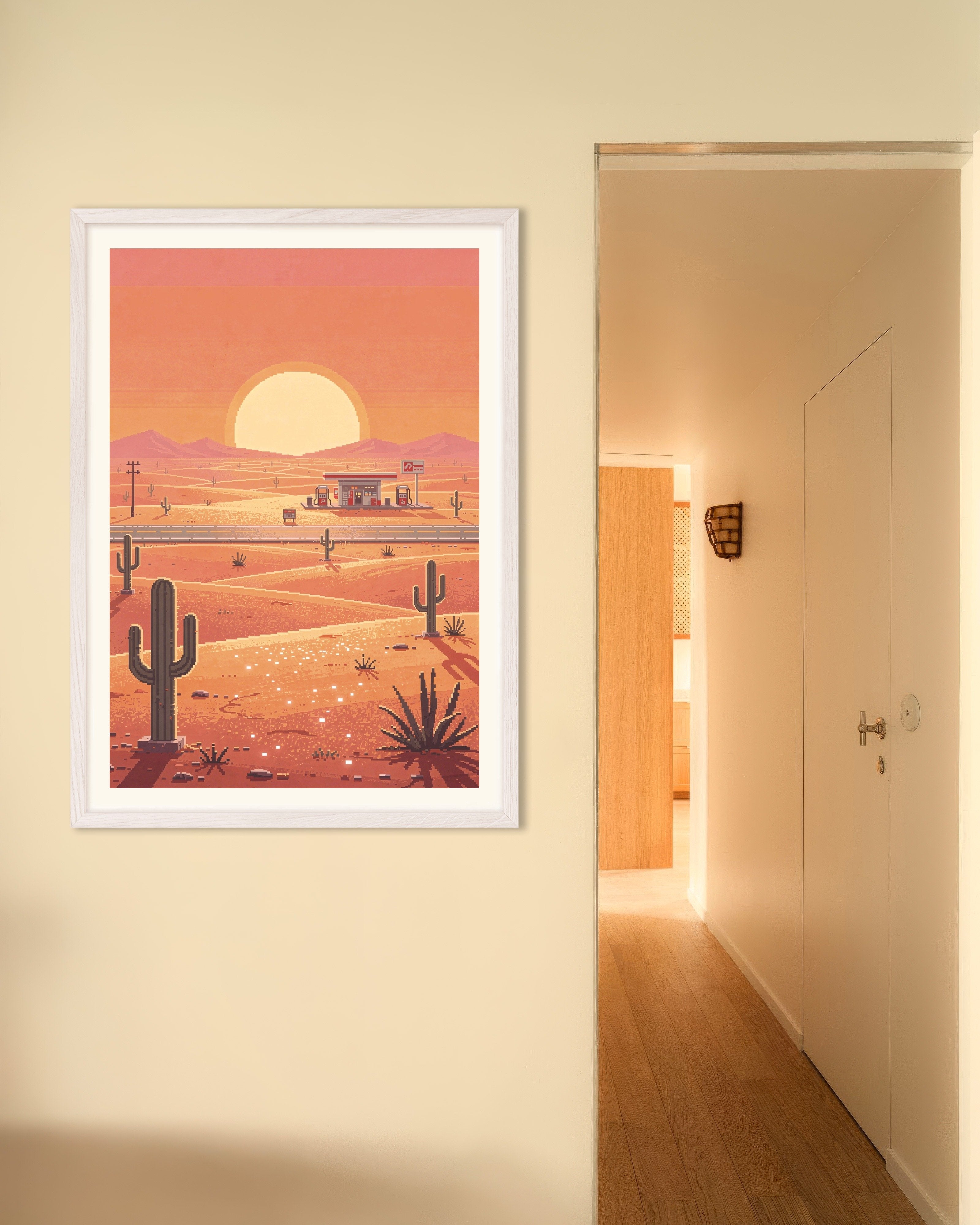 Poster of Desert Gas Station at Sunset - Pixel Art Poster, with white wooden frame