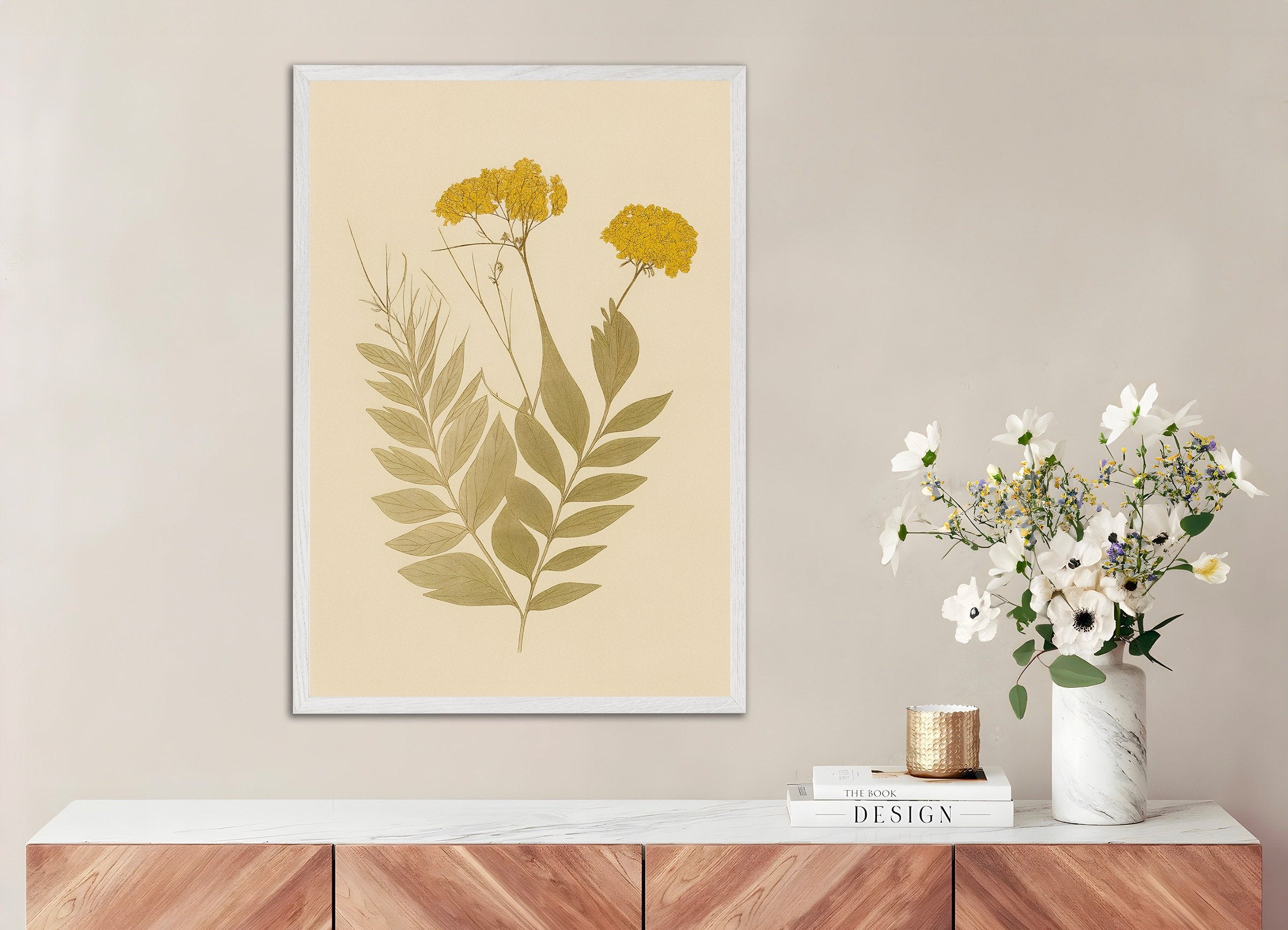 Poster of Dried Everlasting Flowers Poster – Autumn Botanical Art, with white wooden frame