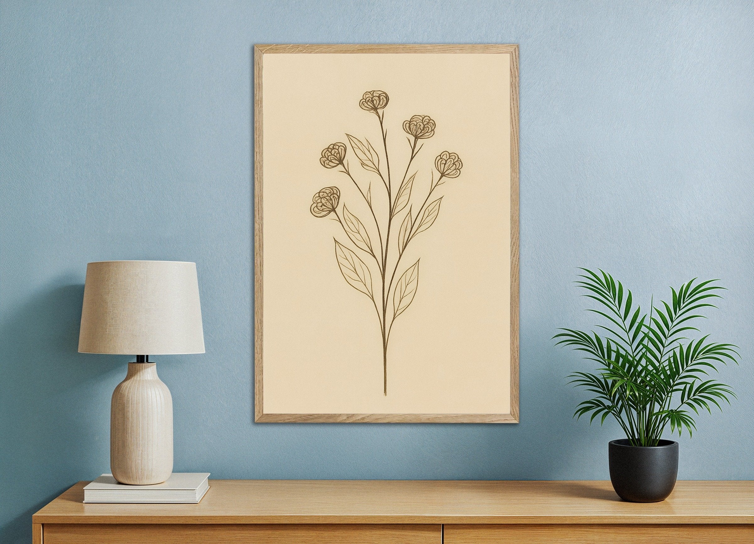 Poster of Dried Statice Poster – Autumn Botanical Art, with natural wooden frame
