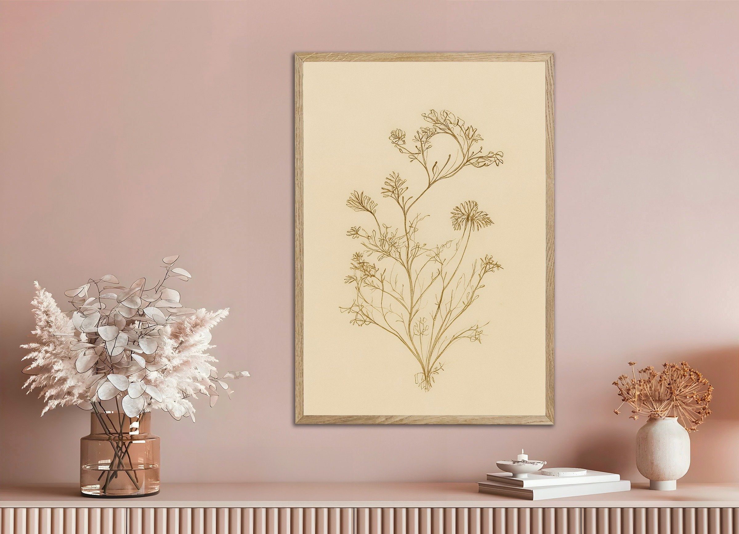 Poster of Dried Umbellifer Poster – Autumn Botanical Sketch, with natural wooden frame