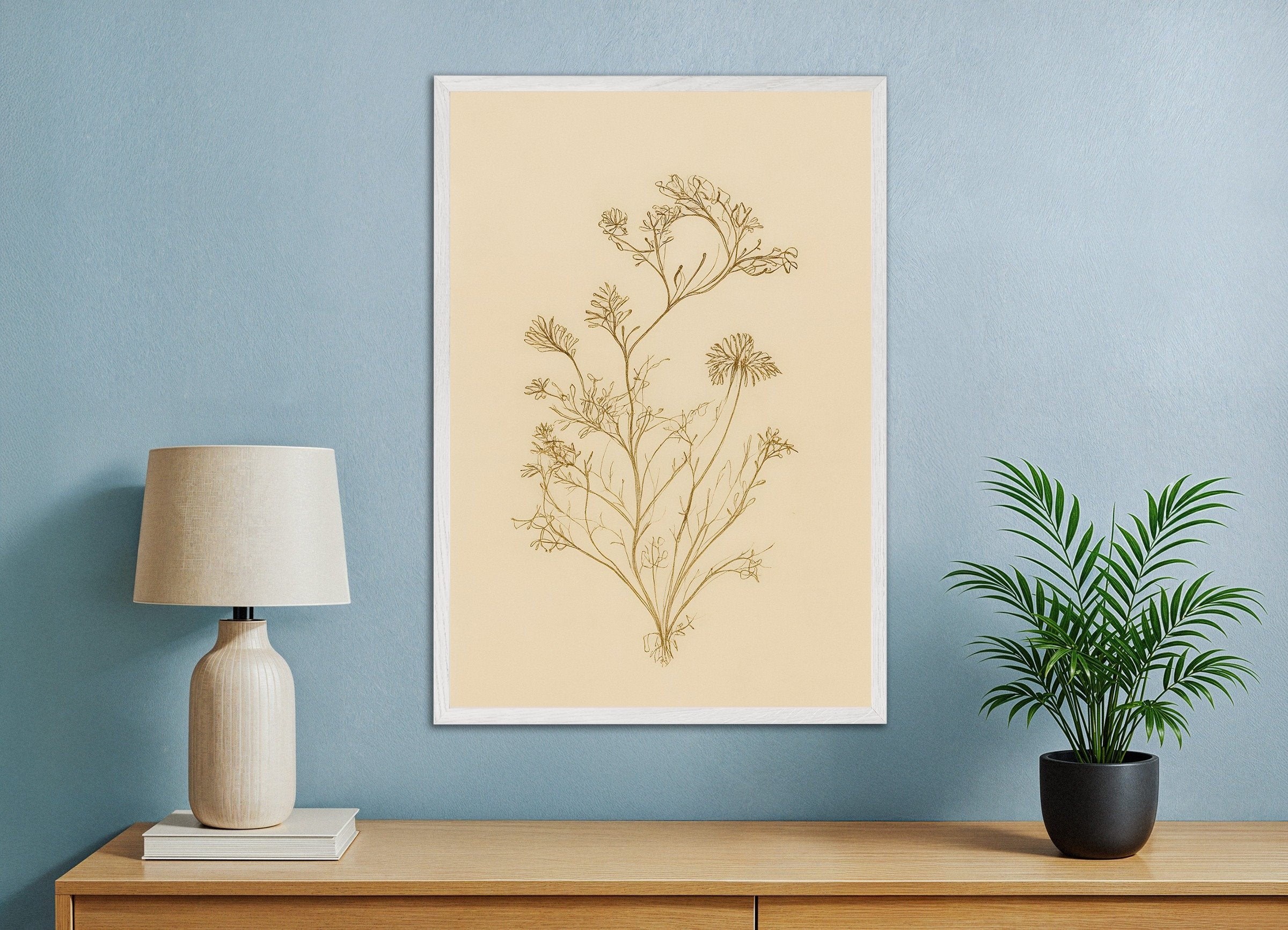 Poster of Dried Umbellifer Poster – Autumn Botanical Sketch, with white wooden frame